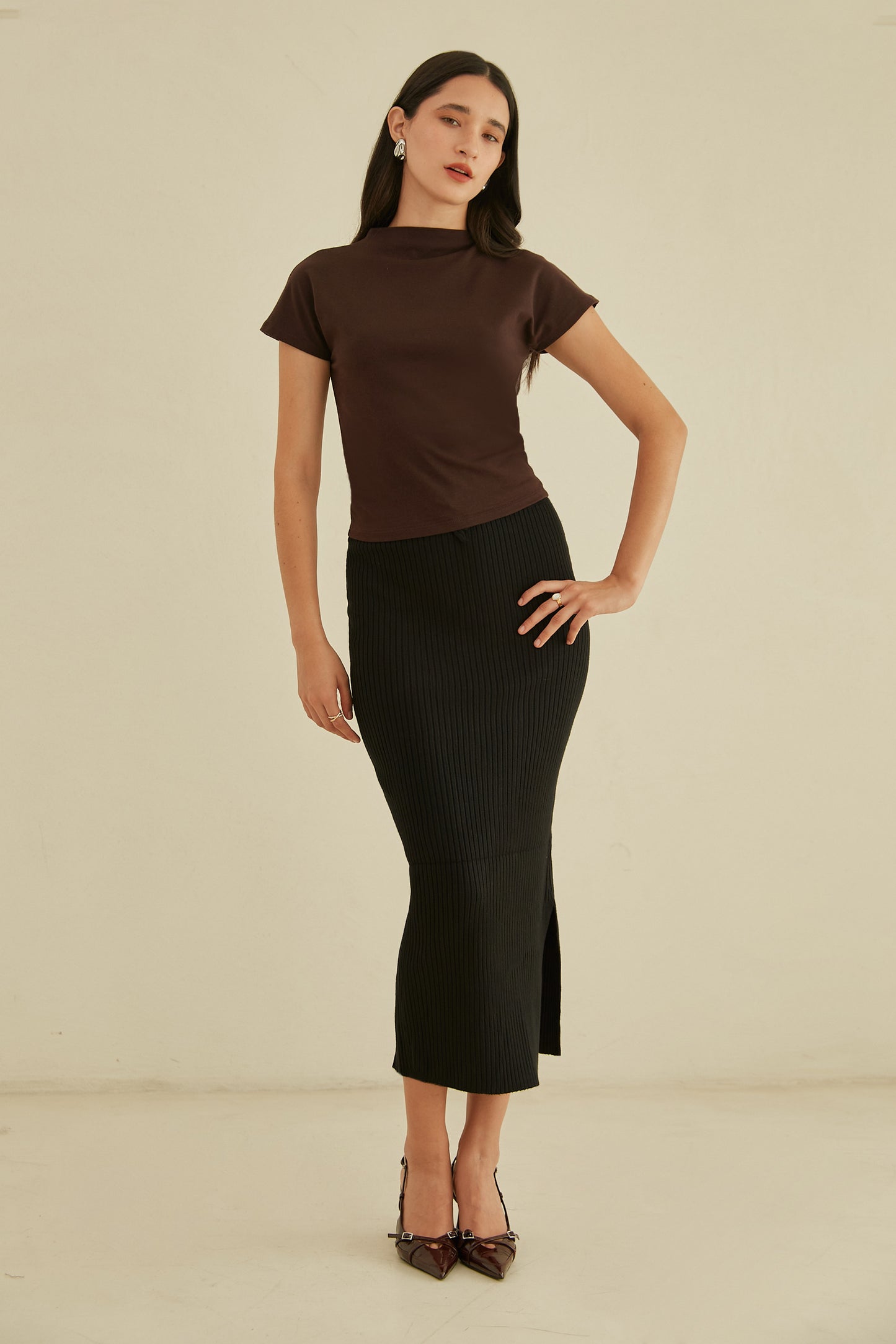 Falda midi tejida - Negro