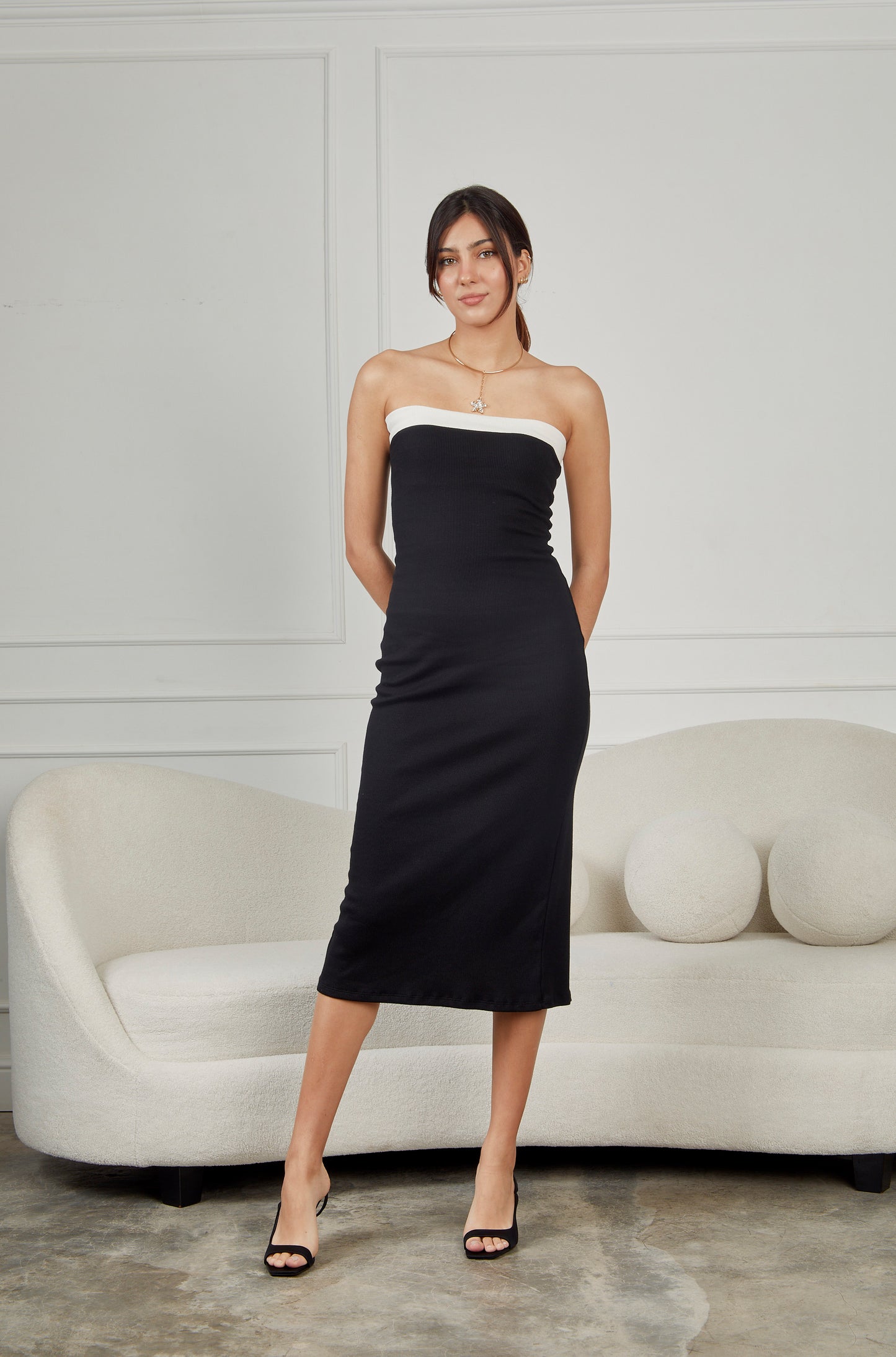 Vestido rib midi strapless - Negro