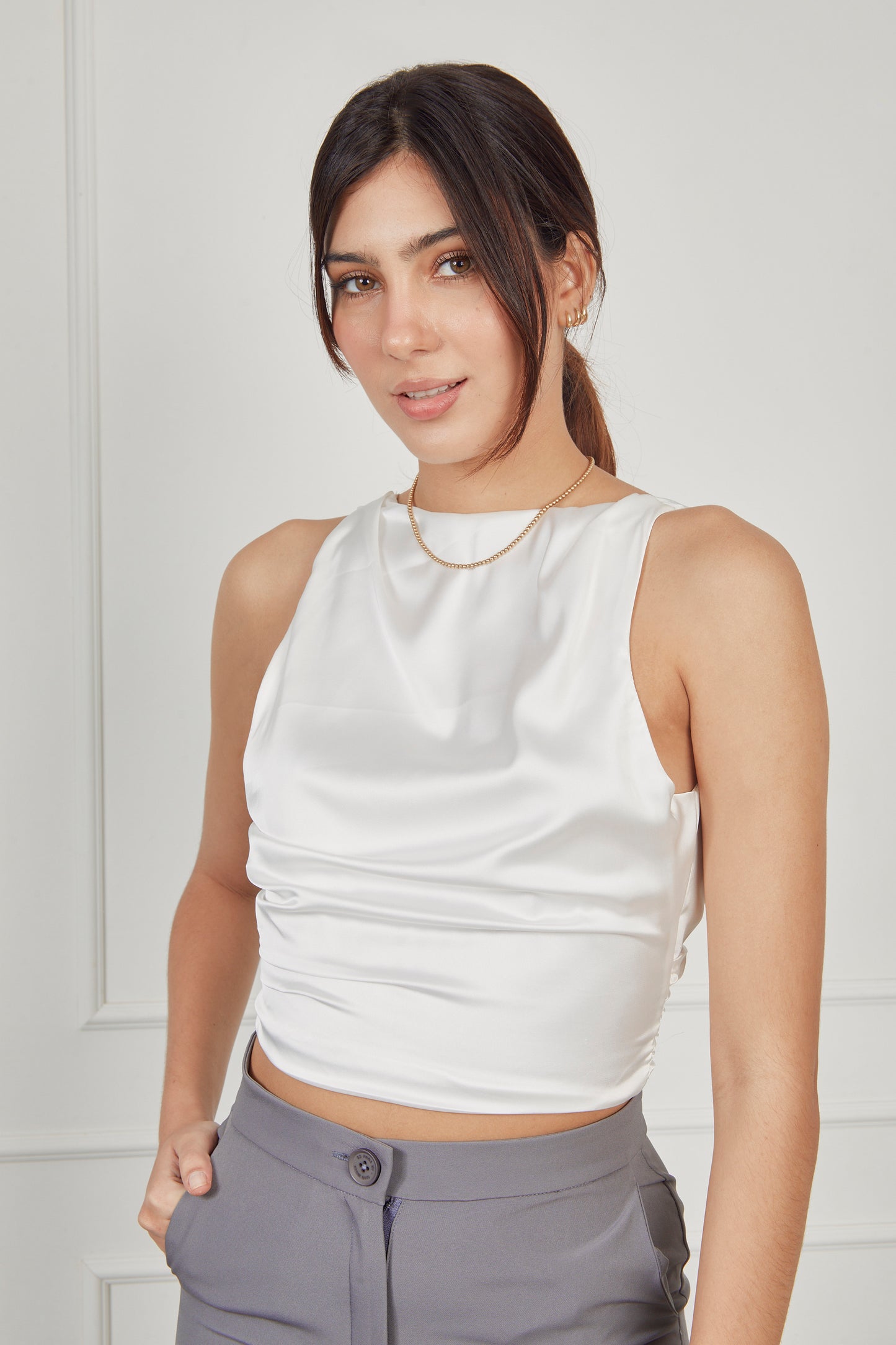Top satín drapeado - Perla