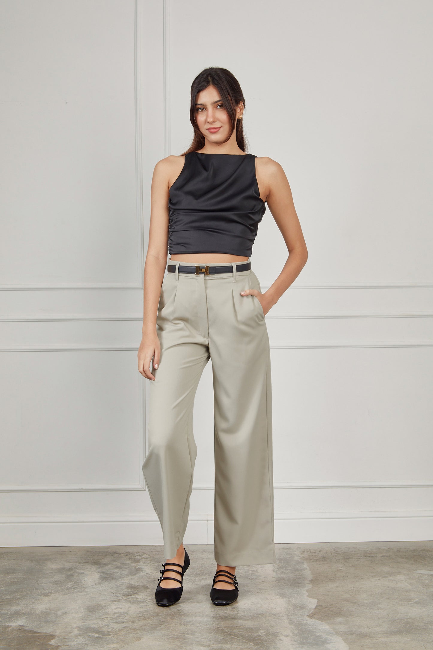 Pantalón drill wide leg - Beige grisáceo