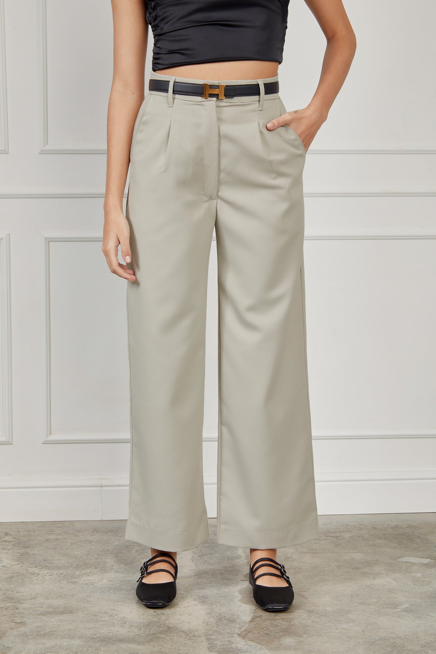 Pantalón drill wide leg - Beige grisáceo