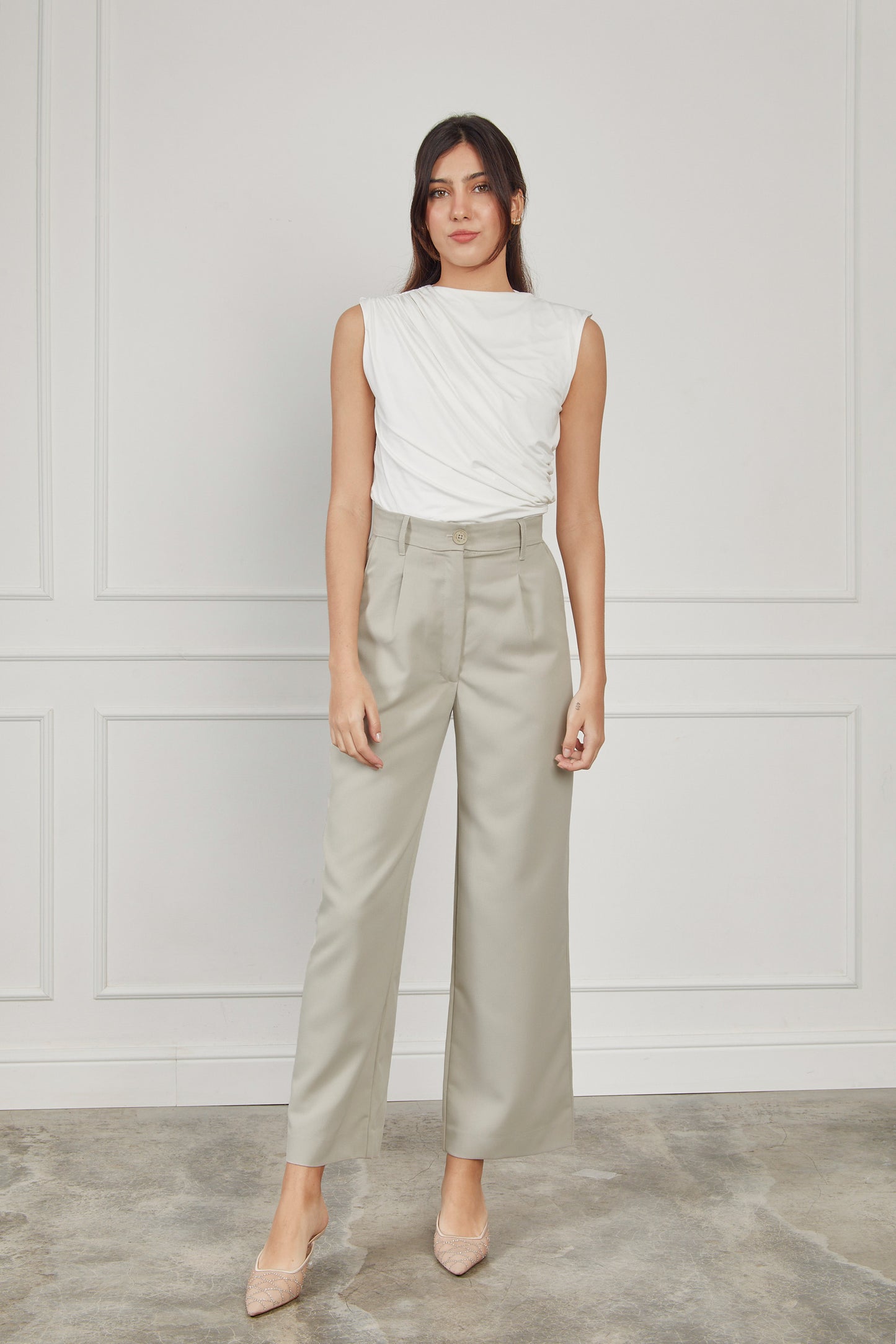 Pantalón drill wide leg - Beige grisáceo