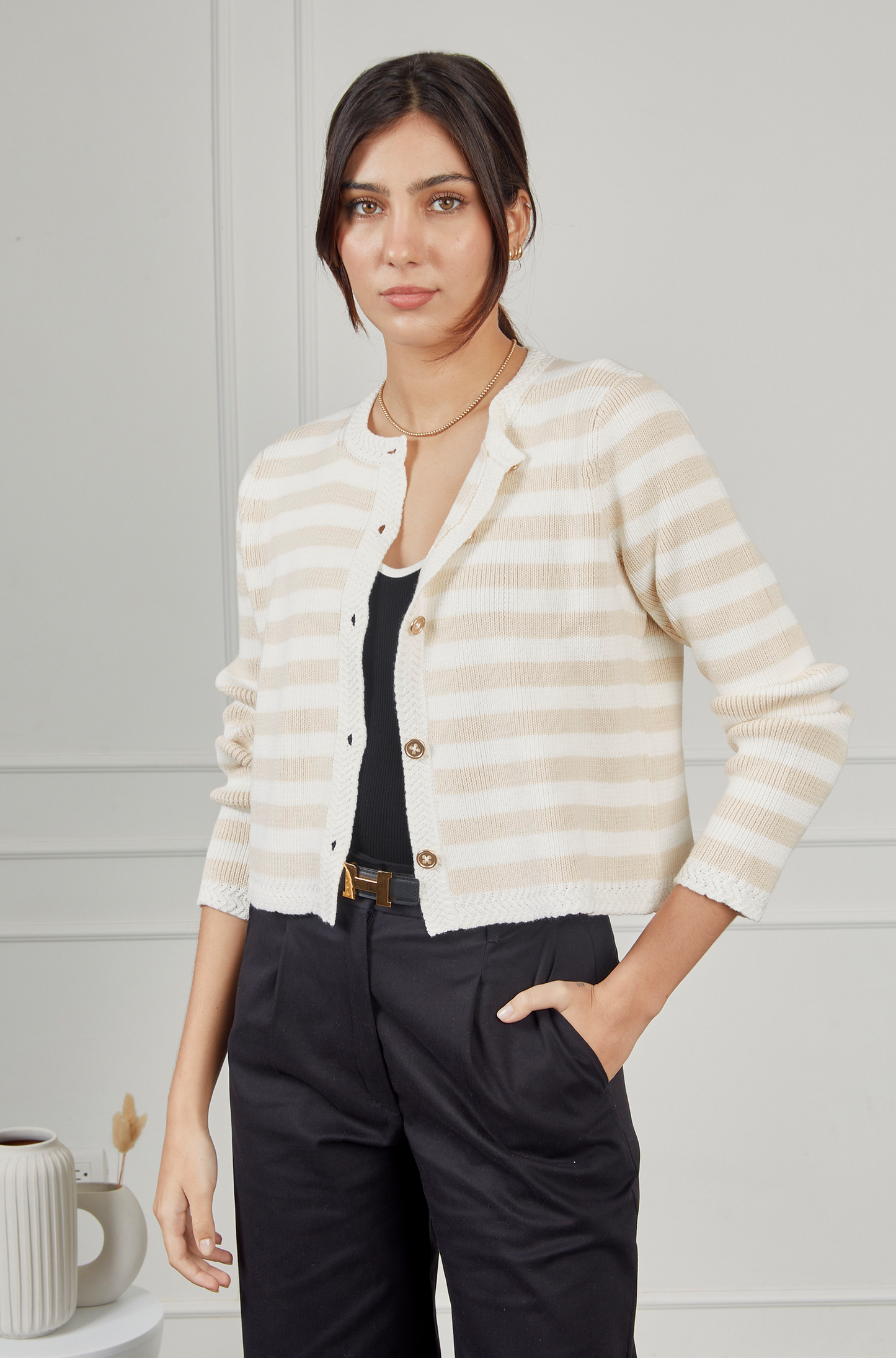 Cárdigan tejido rayas - Beige