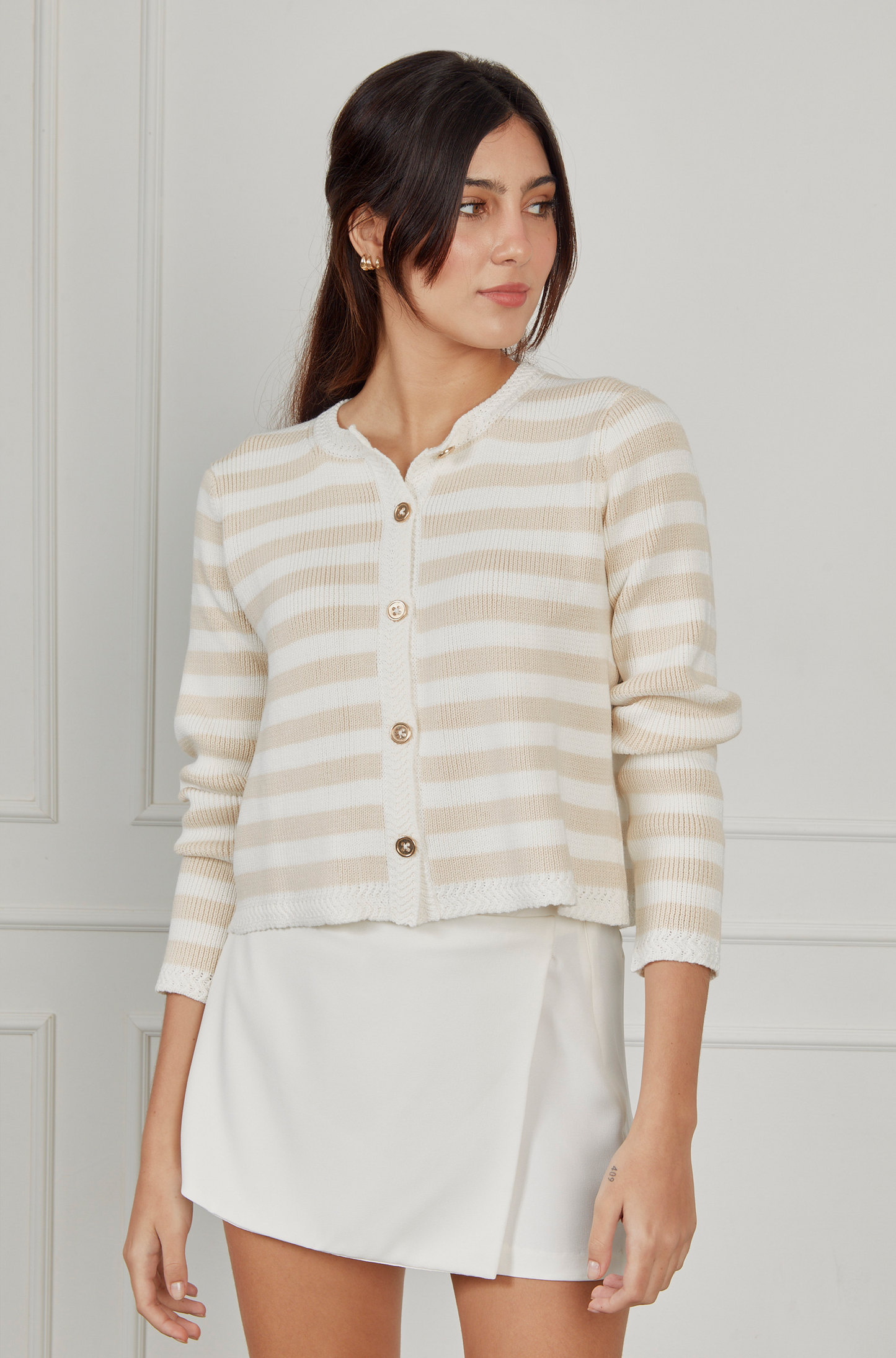 Cárdigan tejido rayas - Beige