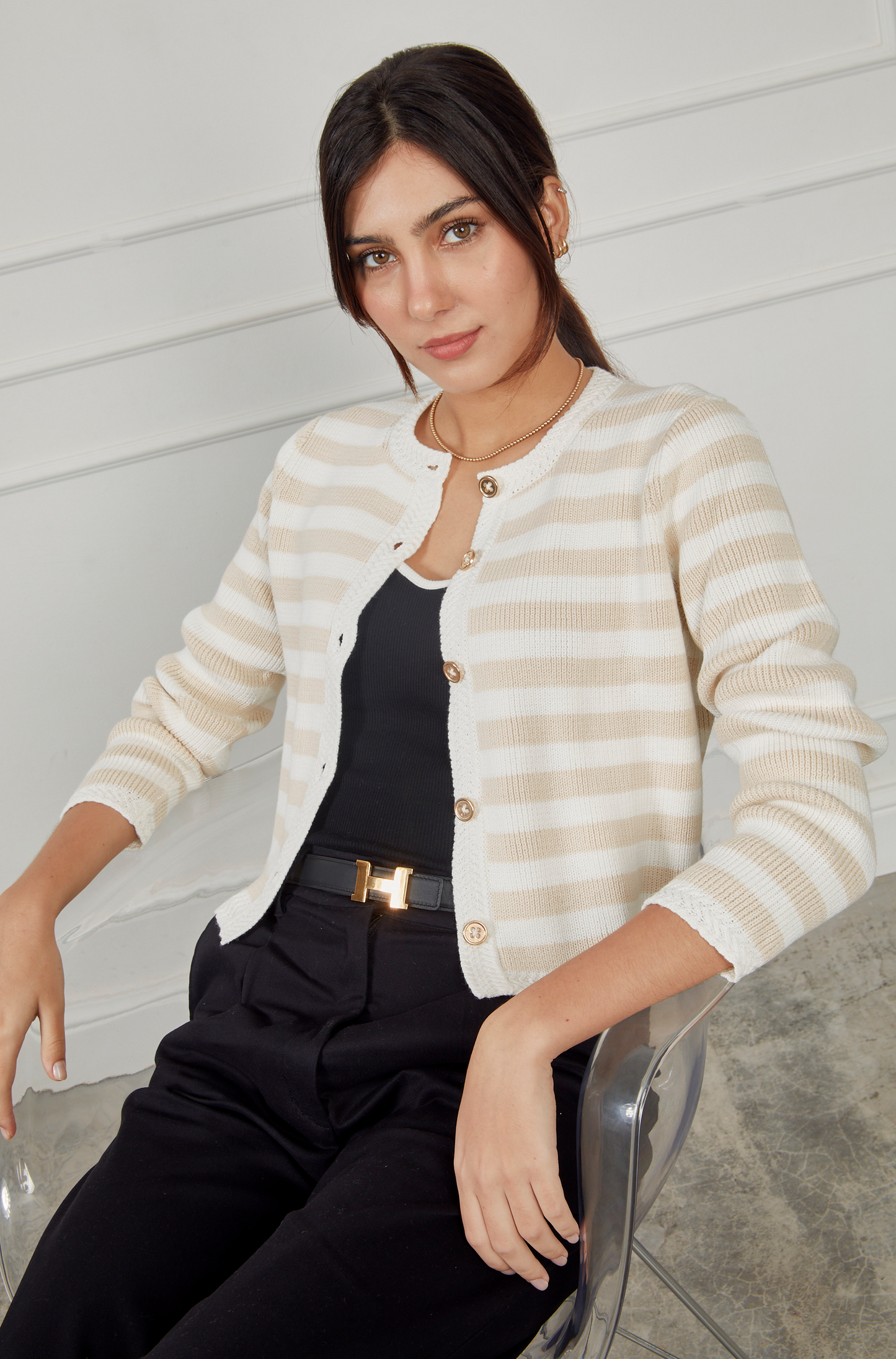 Cárdigan tejido rayas - Beige