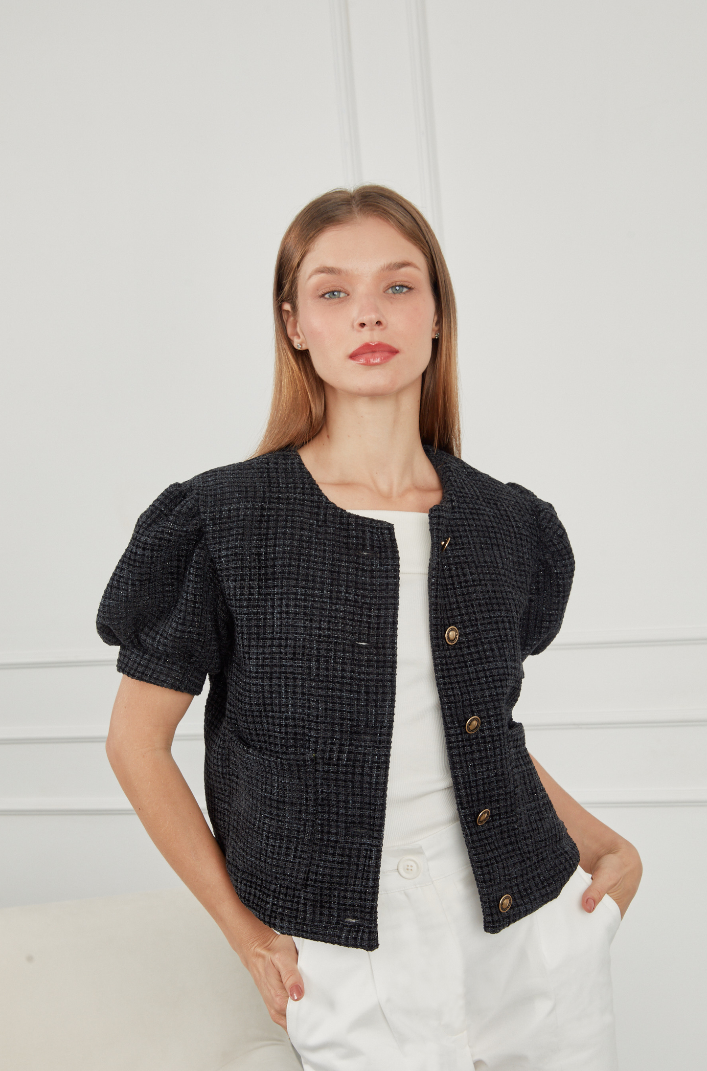 Blazer tweed manga corta - Negro