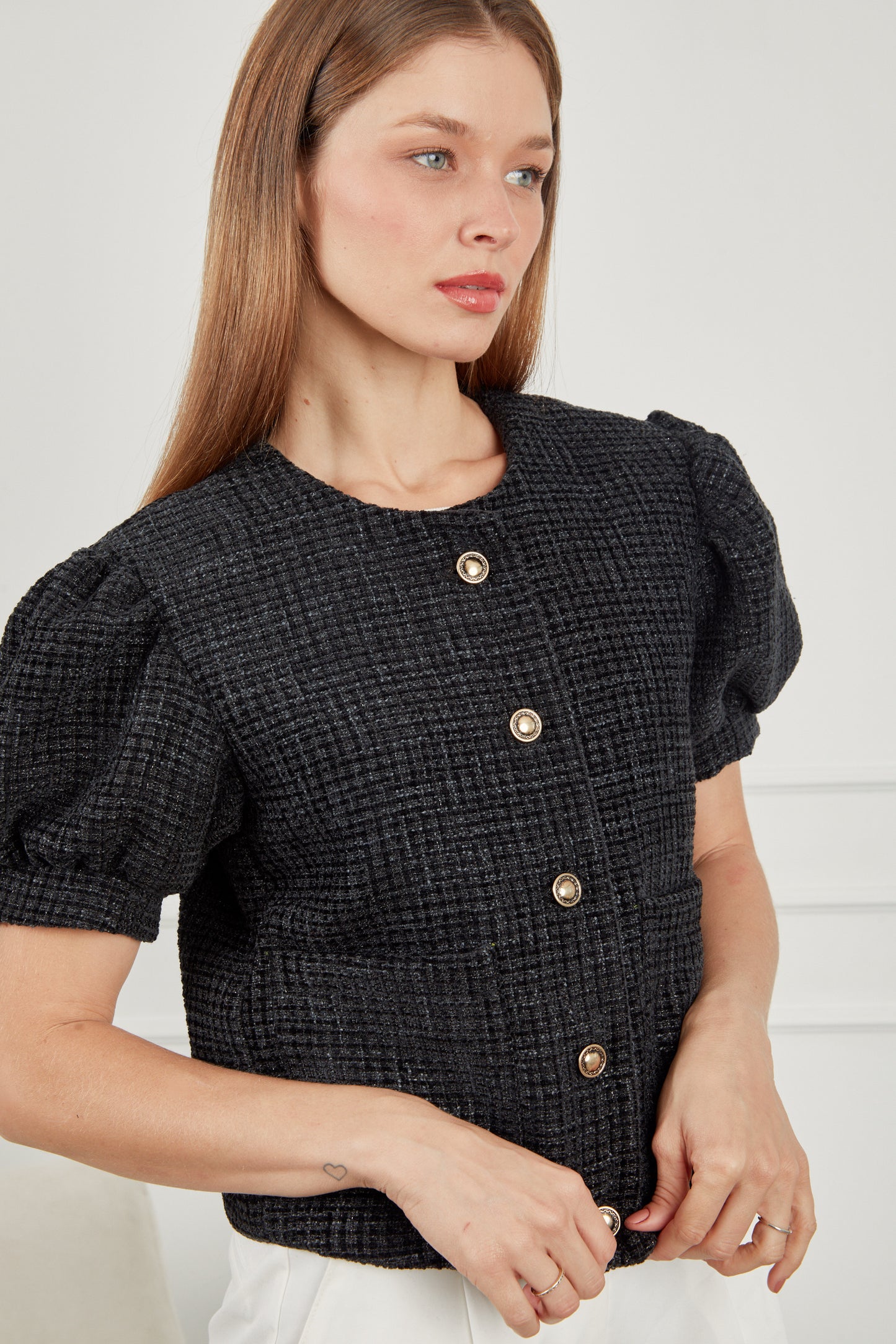 Blazer tweed manga corta - Negro