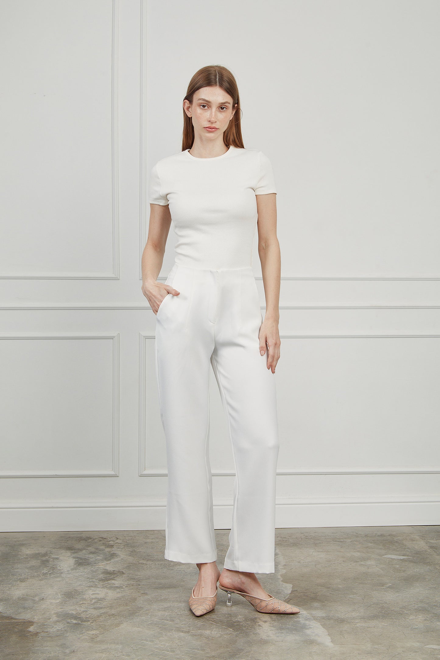 Pantalón slim pinzas - Perla