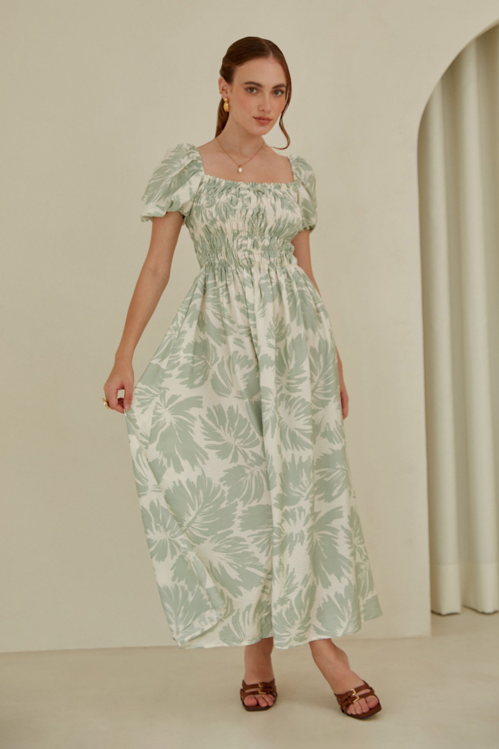 Vestido midi manga globo - Verde