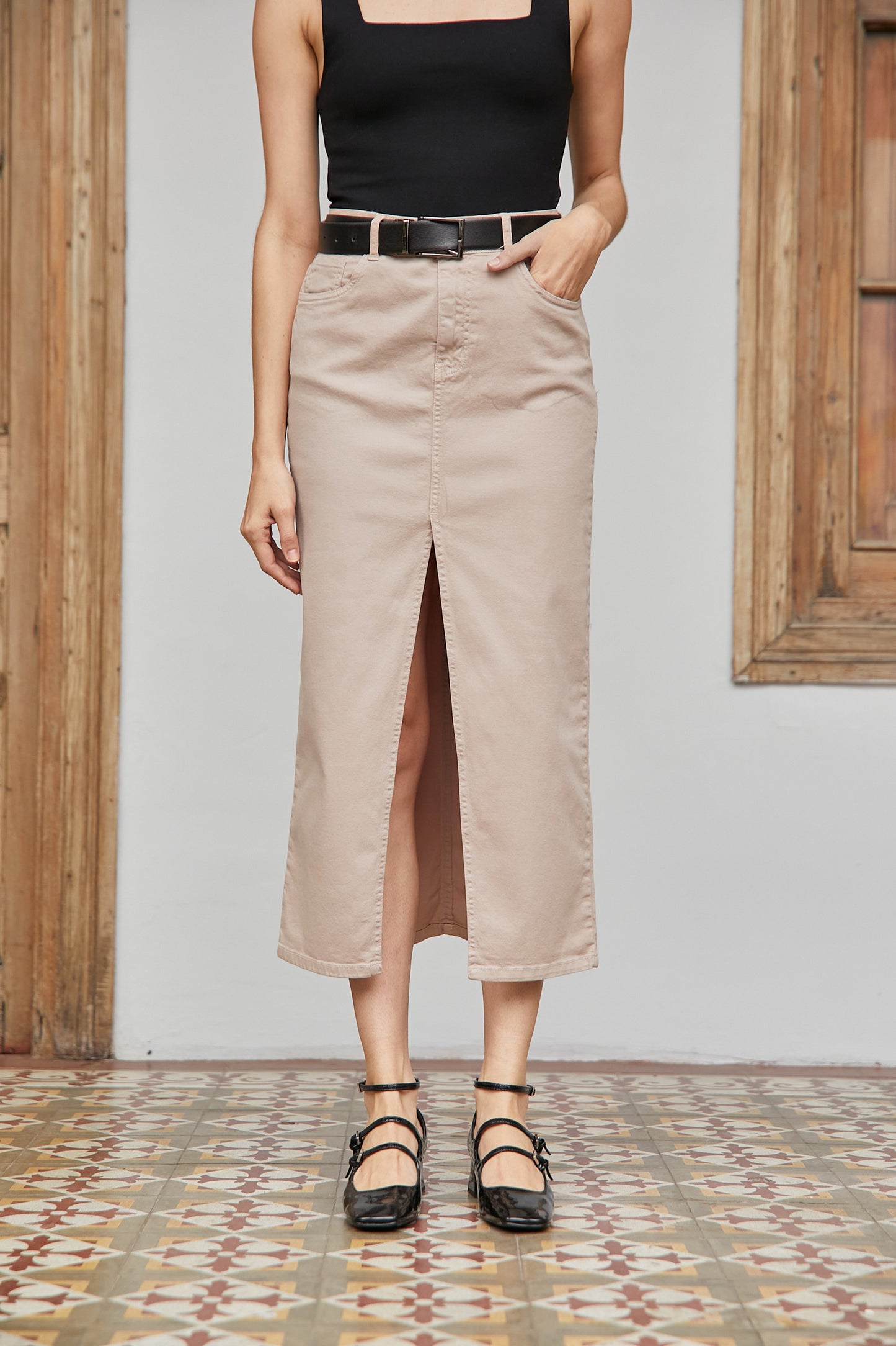 Falda drill stretch larga - Beige