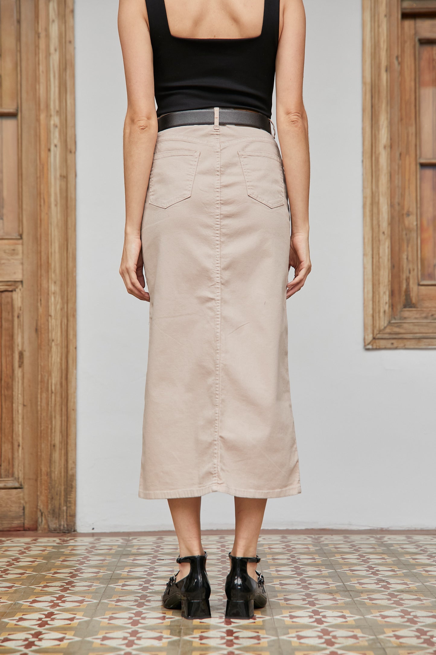 Falda drill stretch larga - Beige