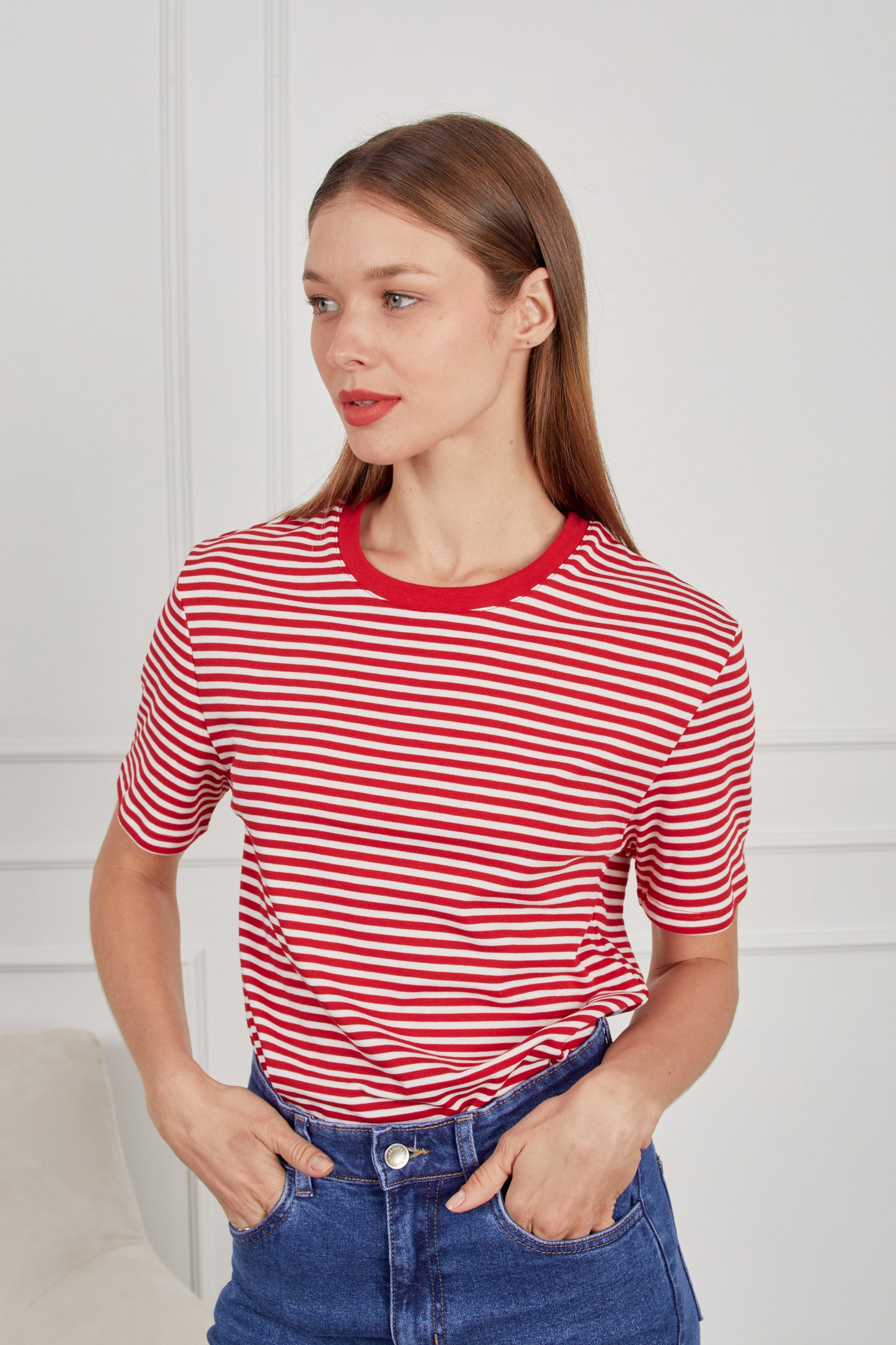 Camiseta algodón rayas - Rojo