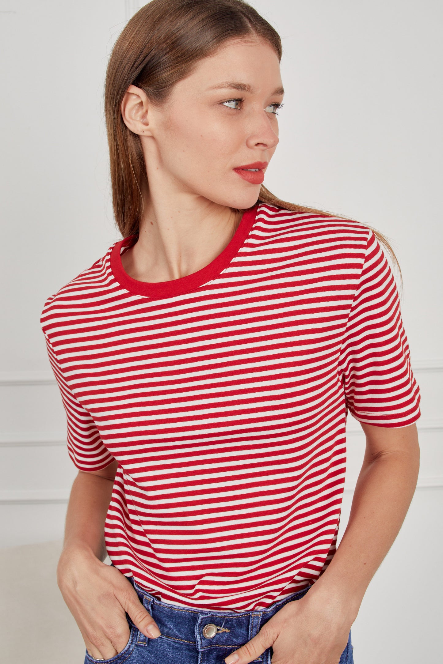 Camiseta algodón rayas - Rojo