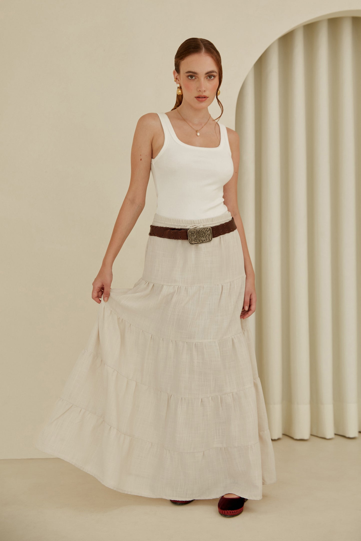 Falda midi con pretina elasticada - Crema
