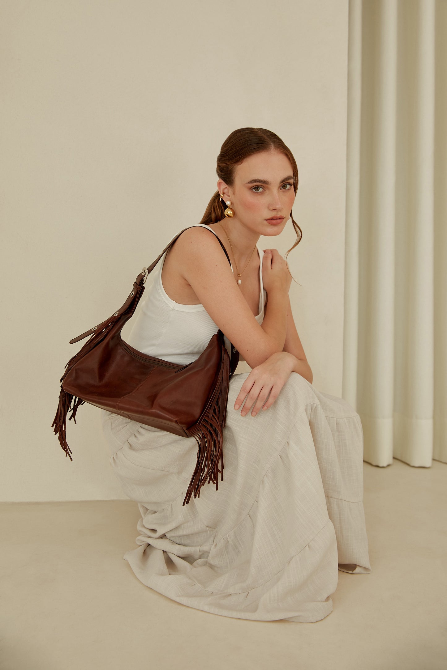 Falda midi con pretina elasticada - Crema