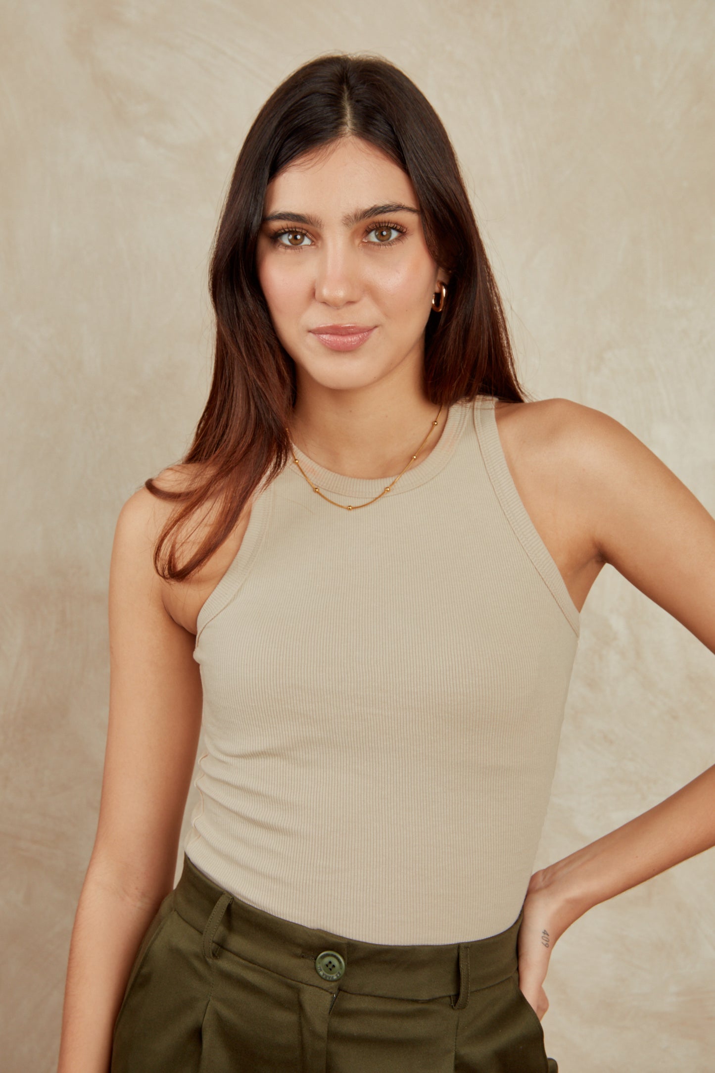 Top rib halter ovalado - Beige