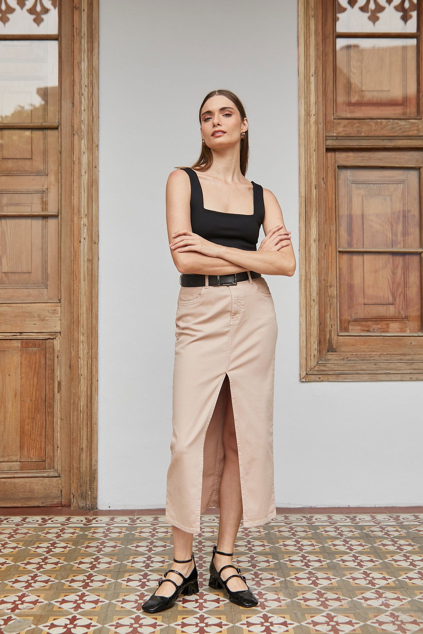 Falda drill stretch larga - Beige