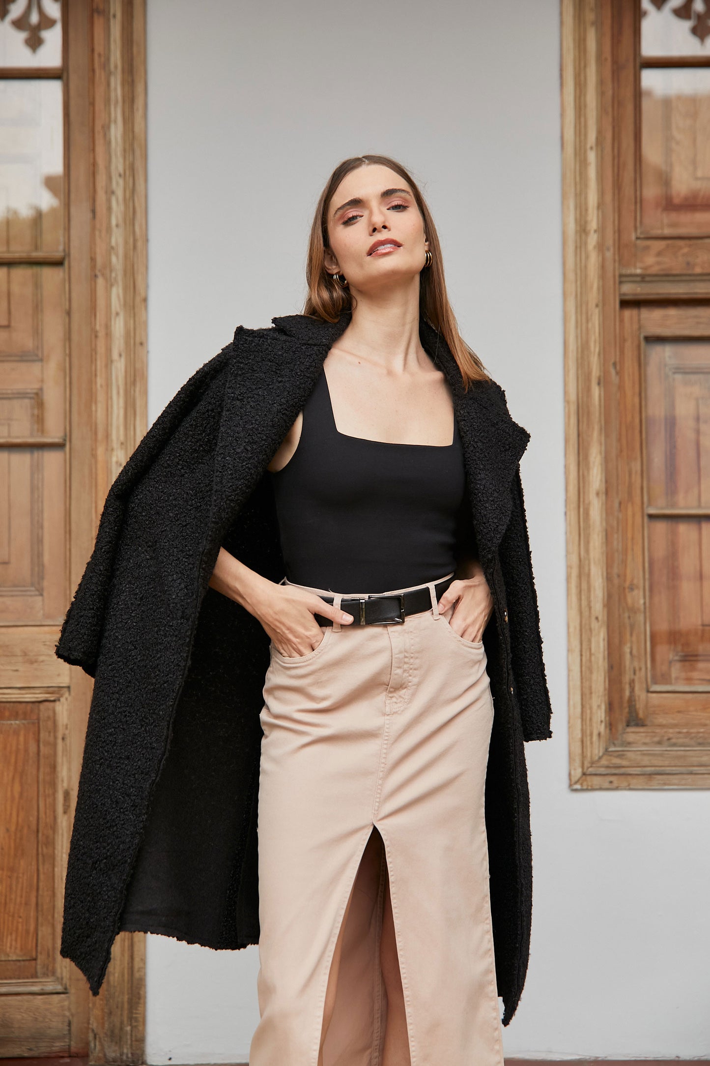 Falda drill stretch larga - Beige