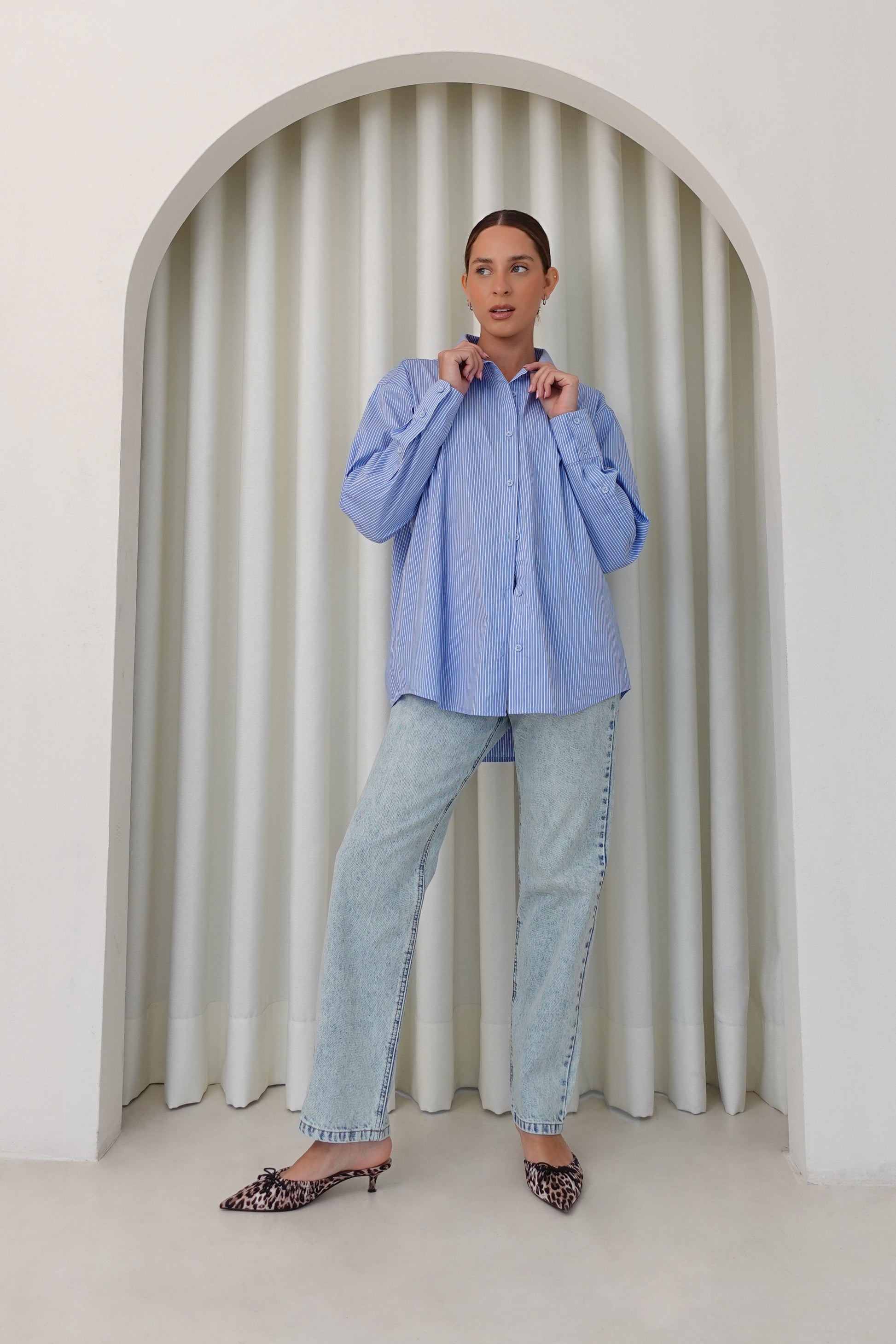 Camisa rayas algodón  - Celeste