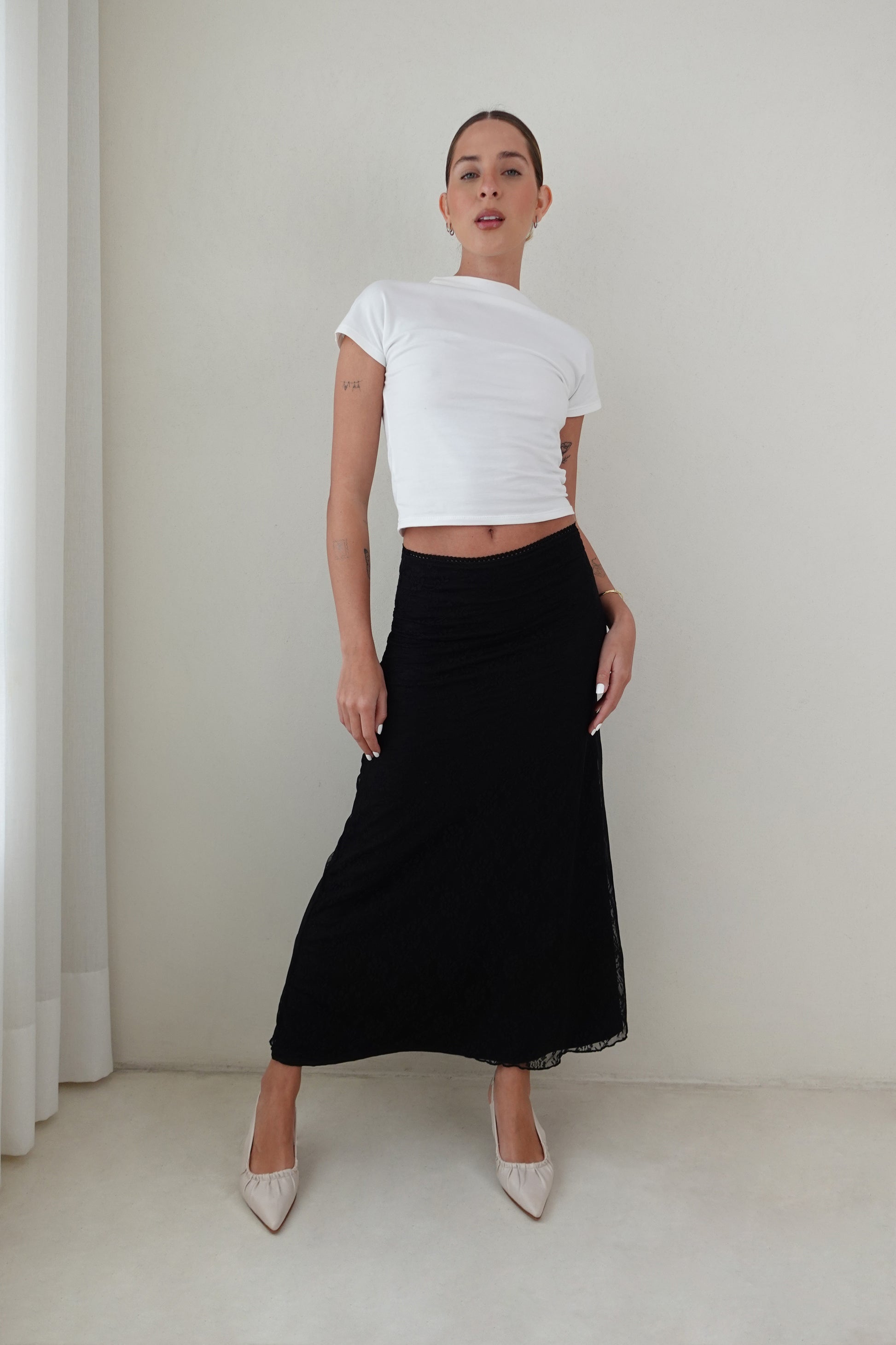 Falda midi encaje - Negro