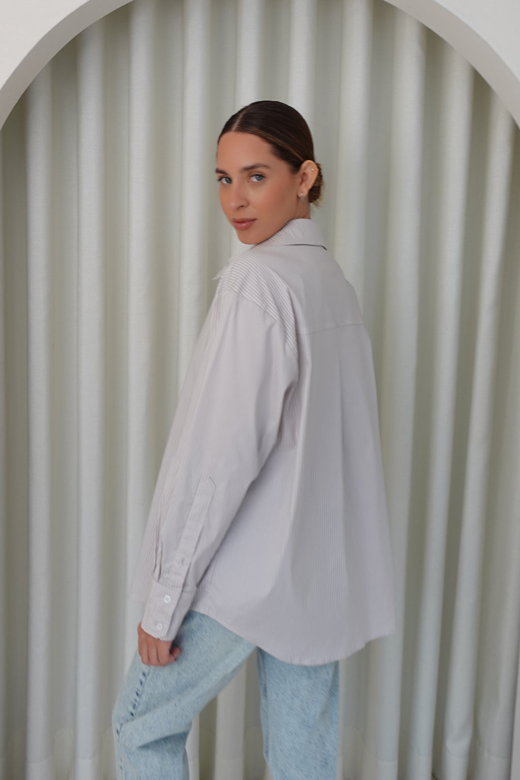 Camisa rayas algodón  - Beige