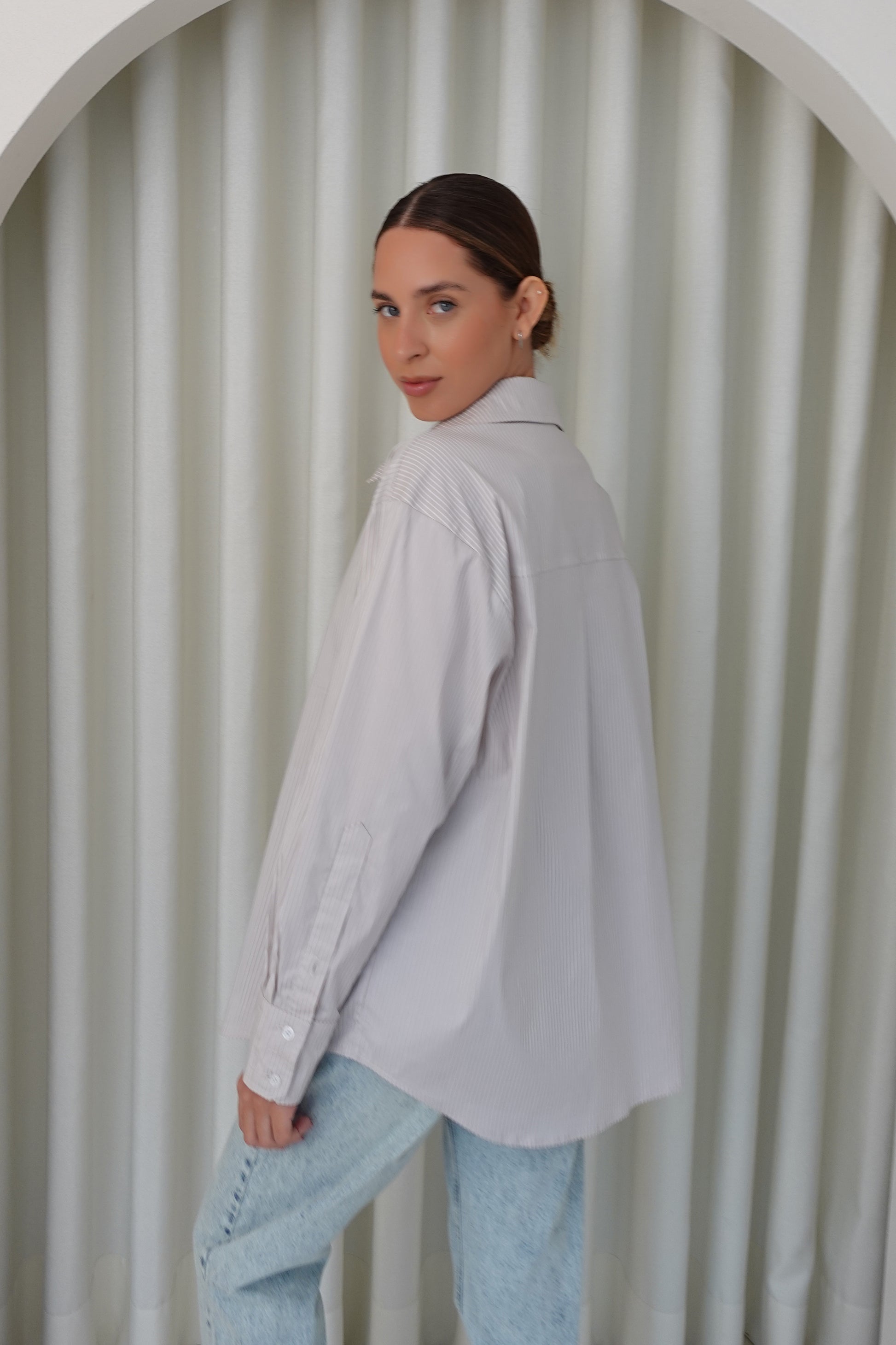 Camisa rayas algodón  - Beige