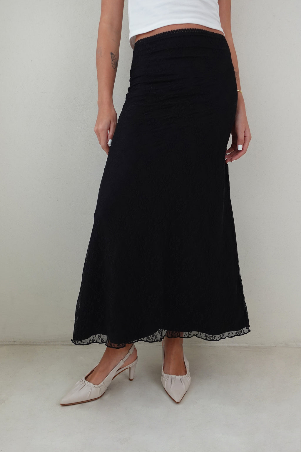 Falda midi encaje - Negro