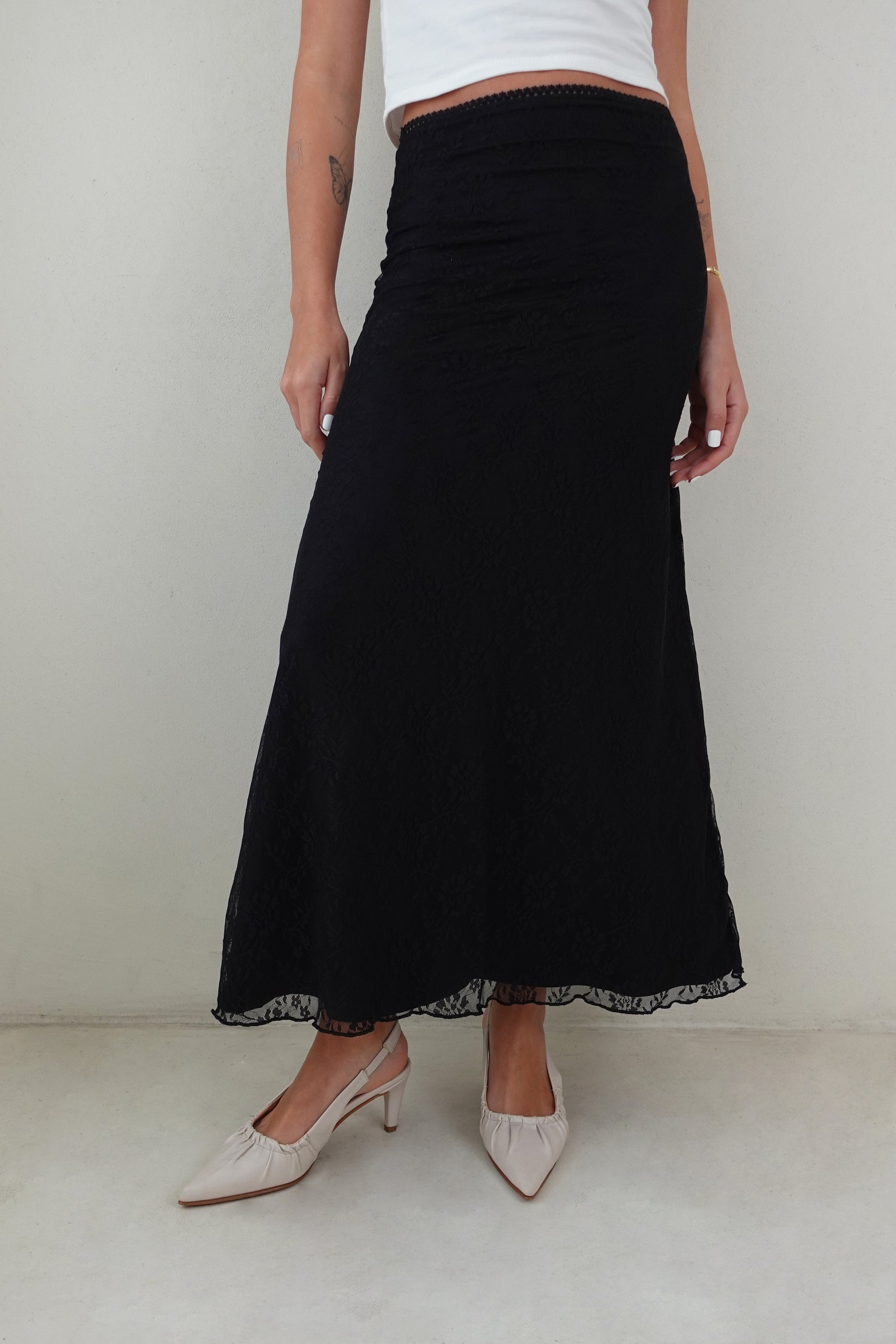Falda midi encaje - Negro