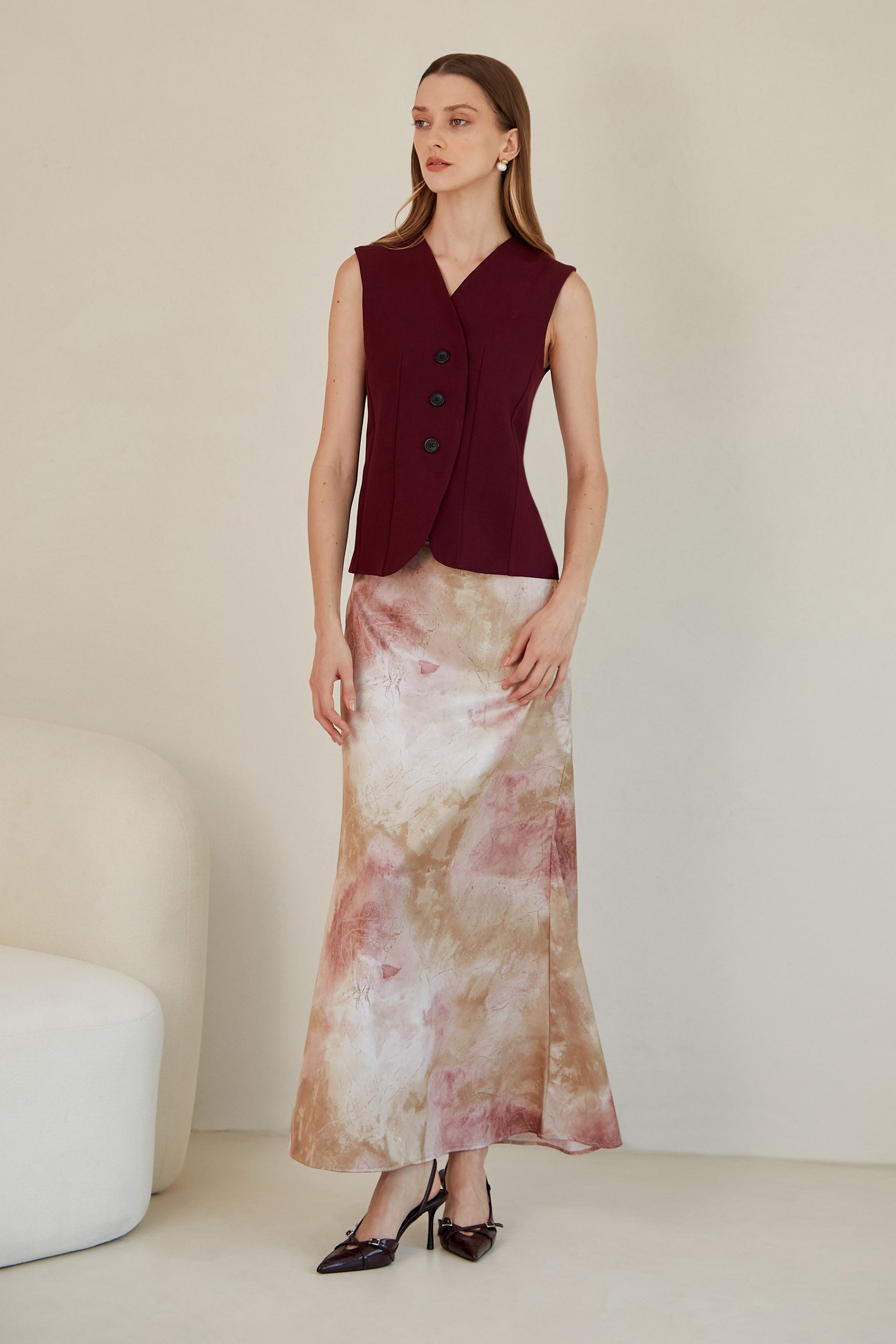 Falda midi satín estampada - Rosado