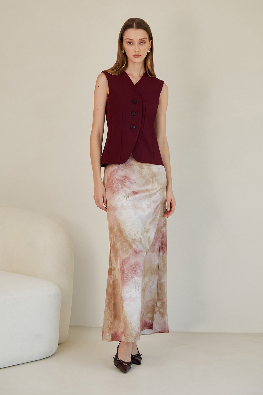 Falda midi satín estampada - Rosado