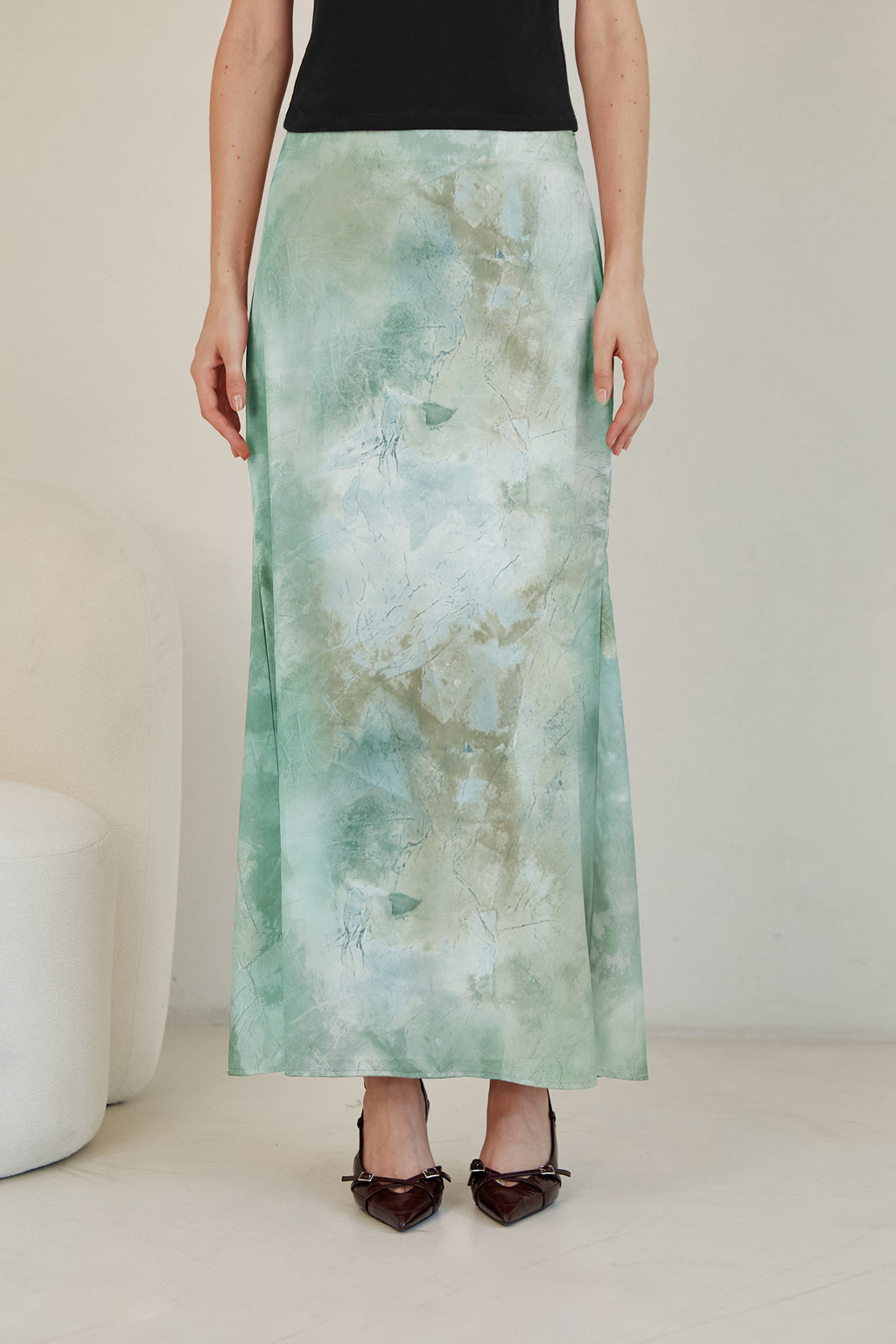 Falda midi satín estampada - Verde