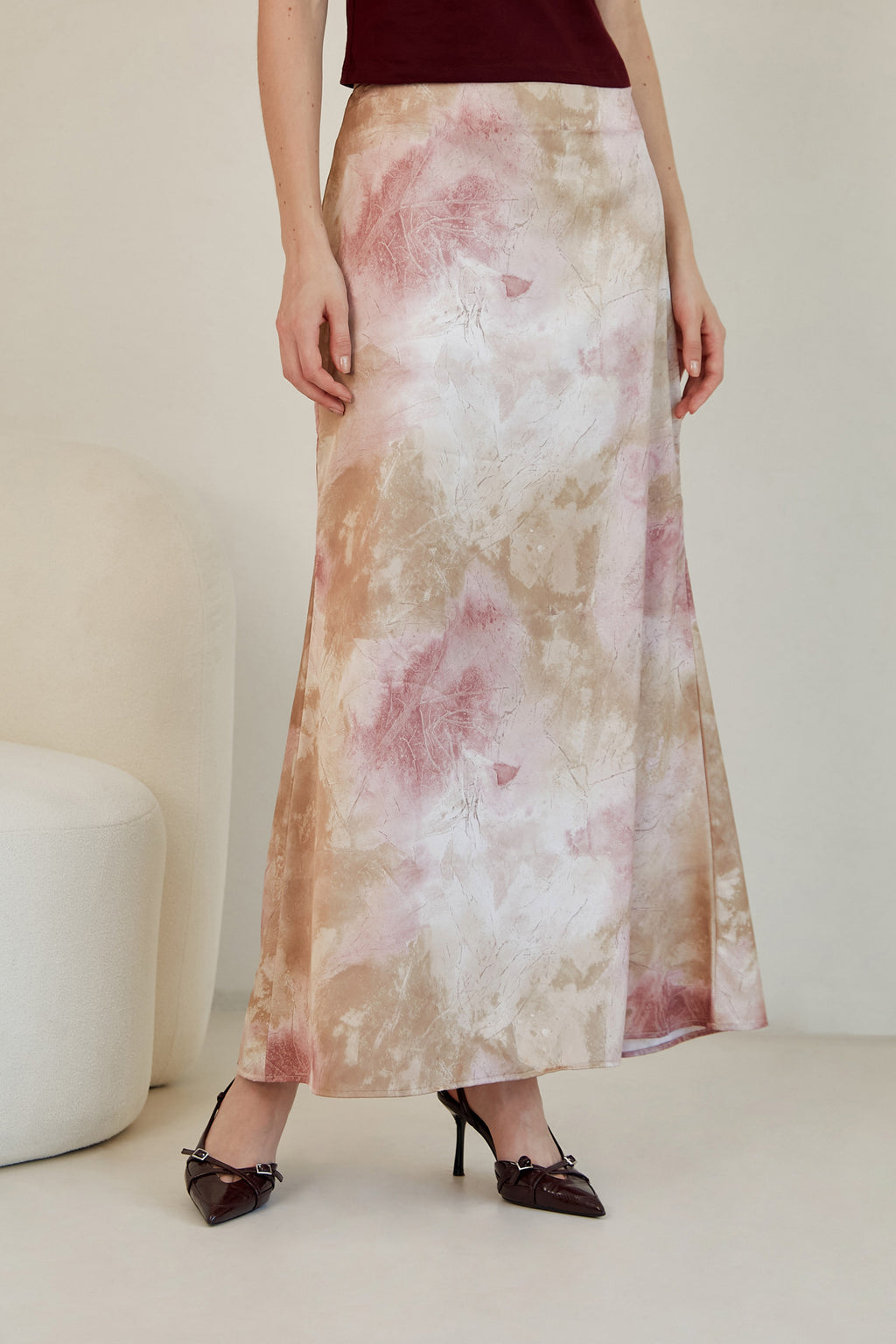 Falda midi satín estampada - Rosado