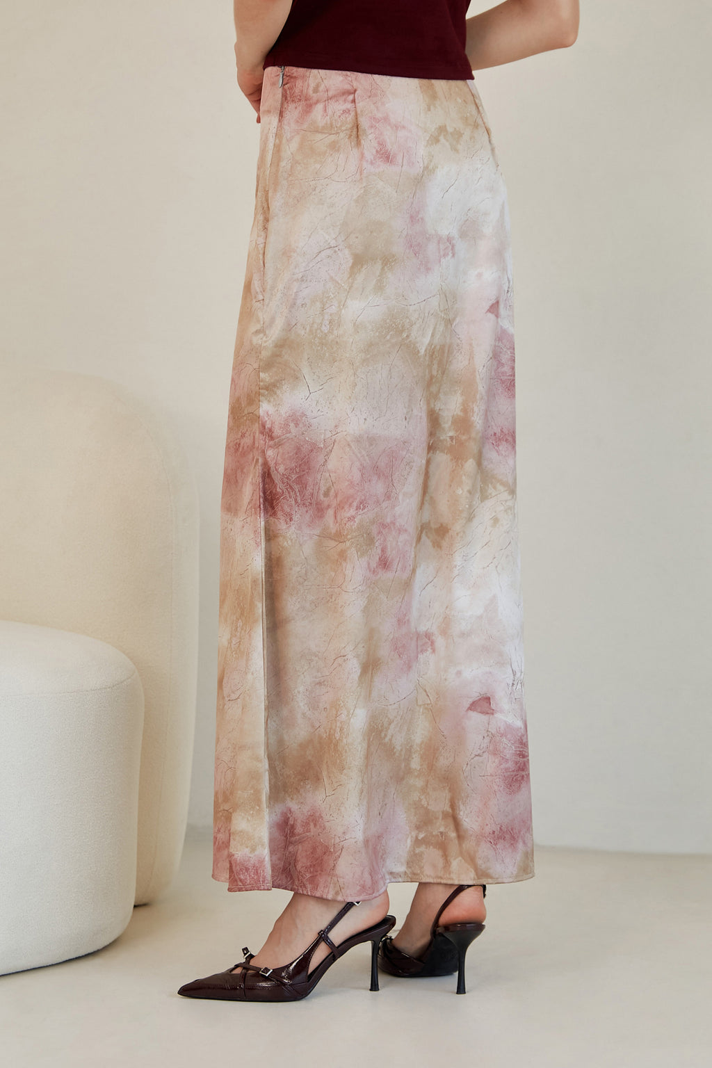 Falda midi satín estampada - Rosado