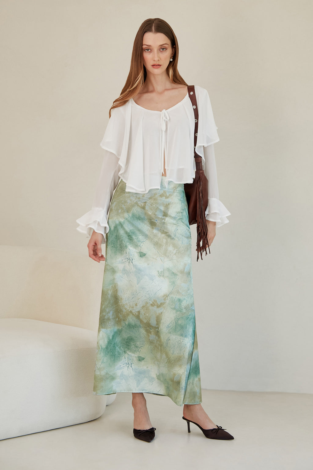 Falda midi satín estampada - Verde