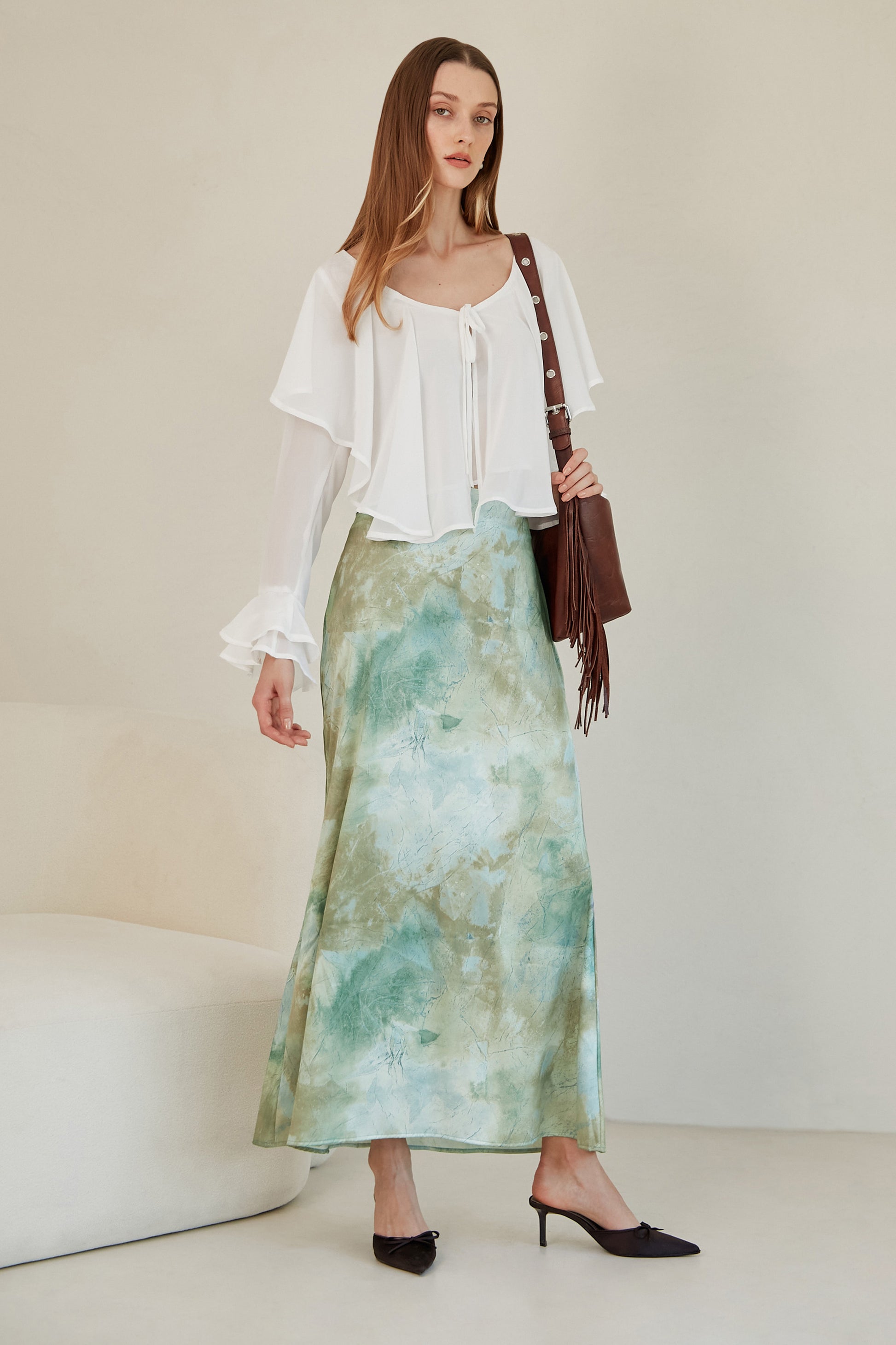 Falda midi satín estampada - Verde