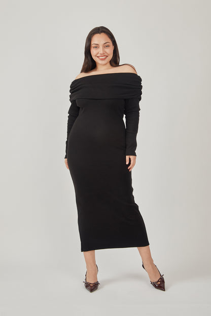 Vestido midi off shoulder rib - Negro