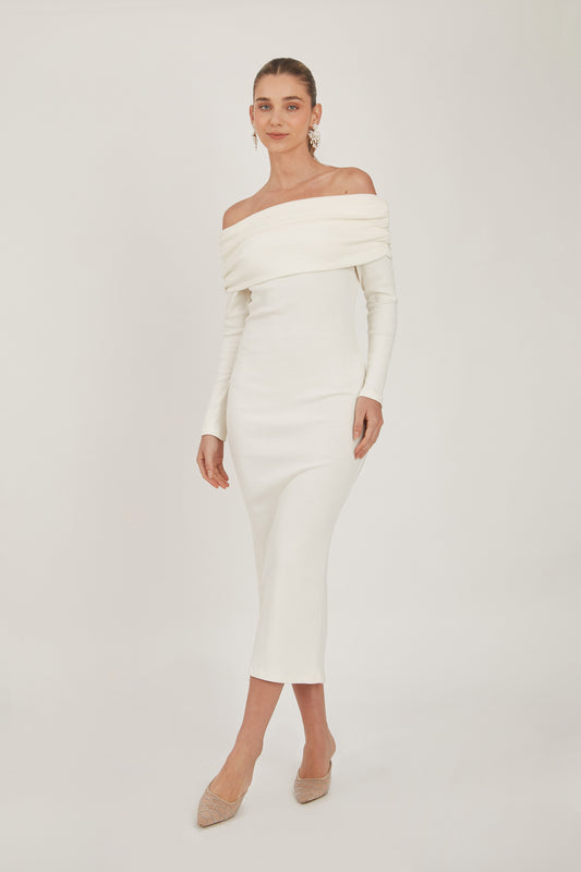 Vestido midi off shoulder rib - Perla