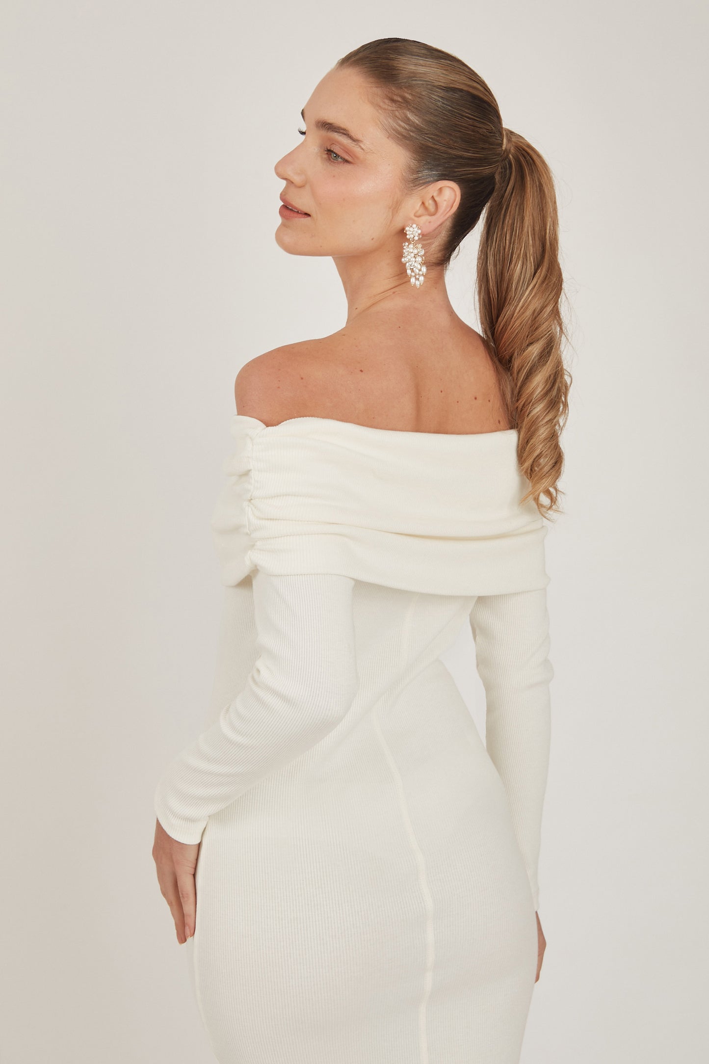 Vestido midi off shoulder rib - Perla