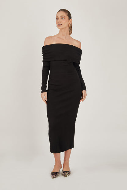 Vestido midi off shoulder rib - Negro