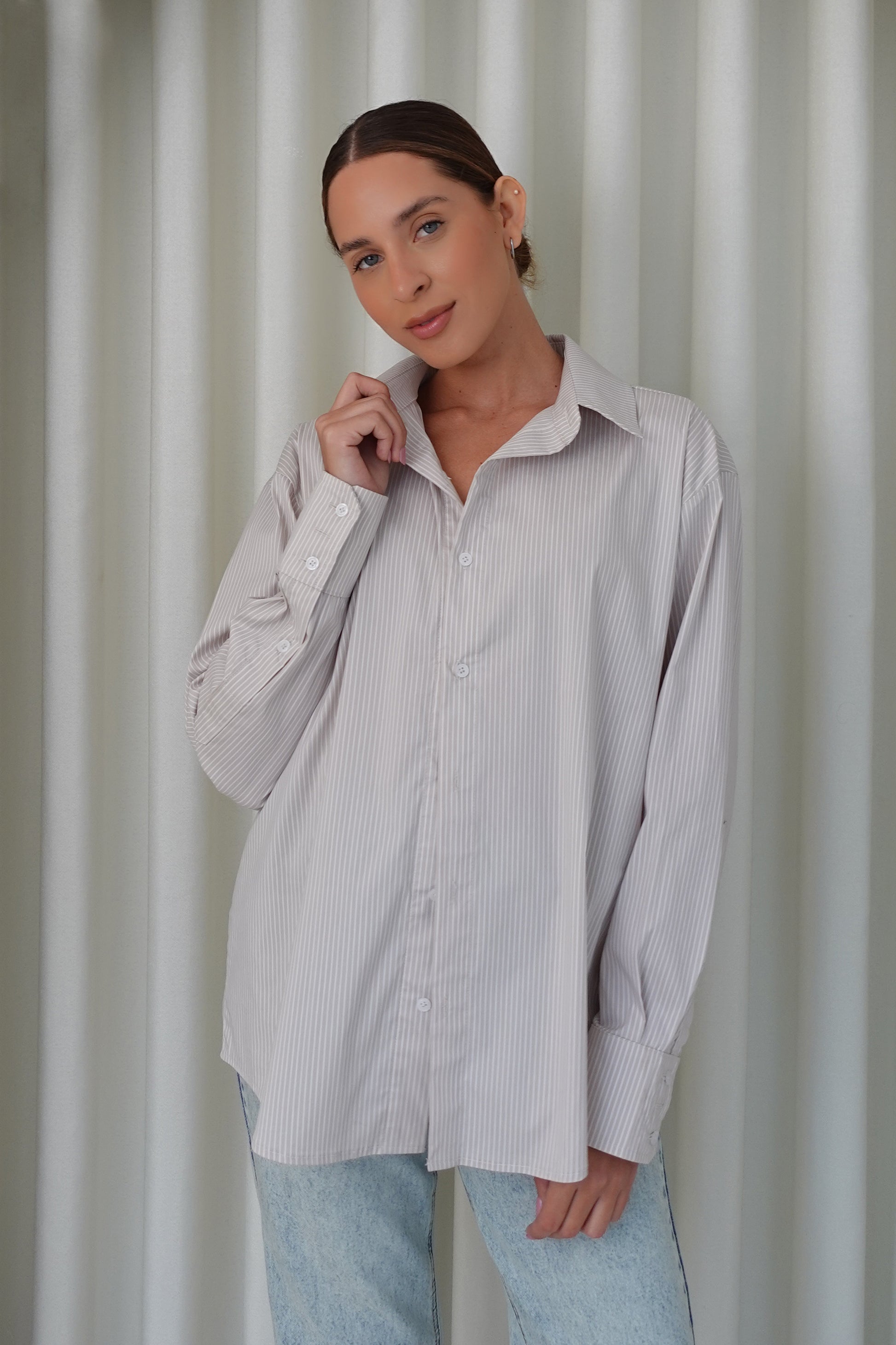Camisa rayas algodón  - Beige