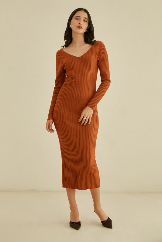 Vestido largo tejido - Ocre