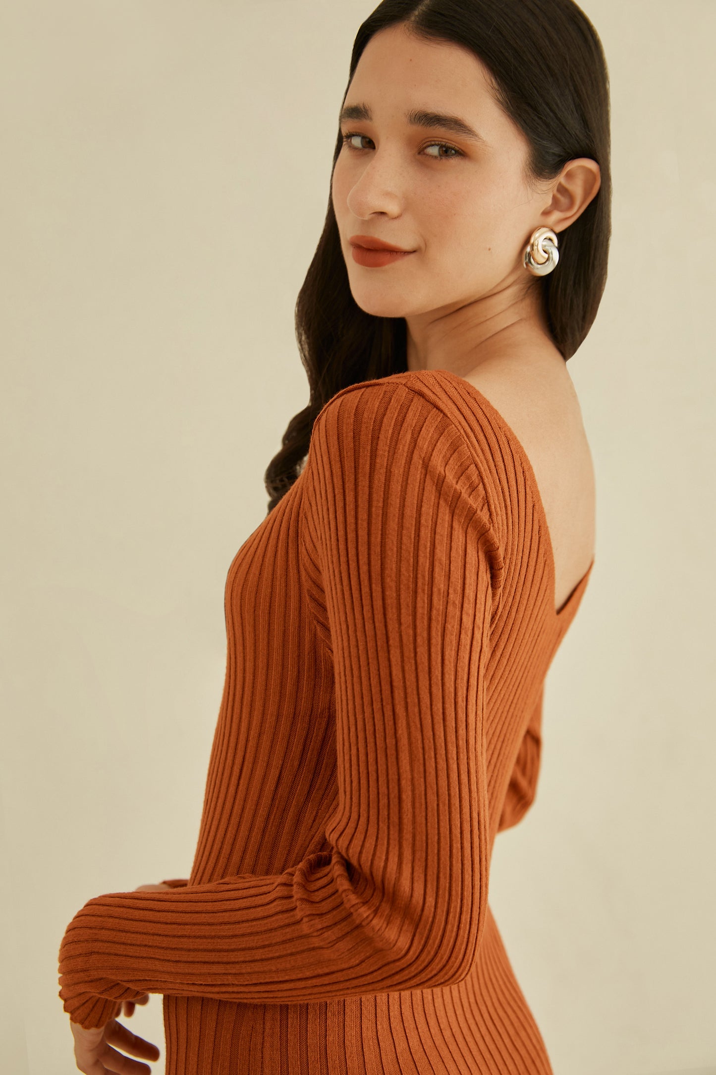 Vestido largo tejido - Ocre