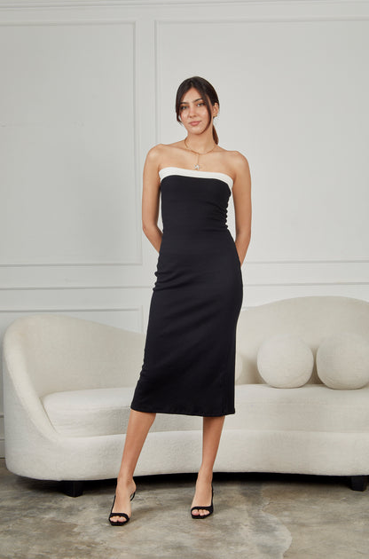 Vestido rib midi strapless - Negro