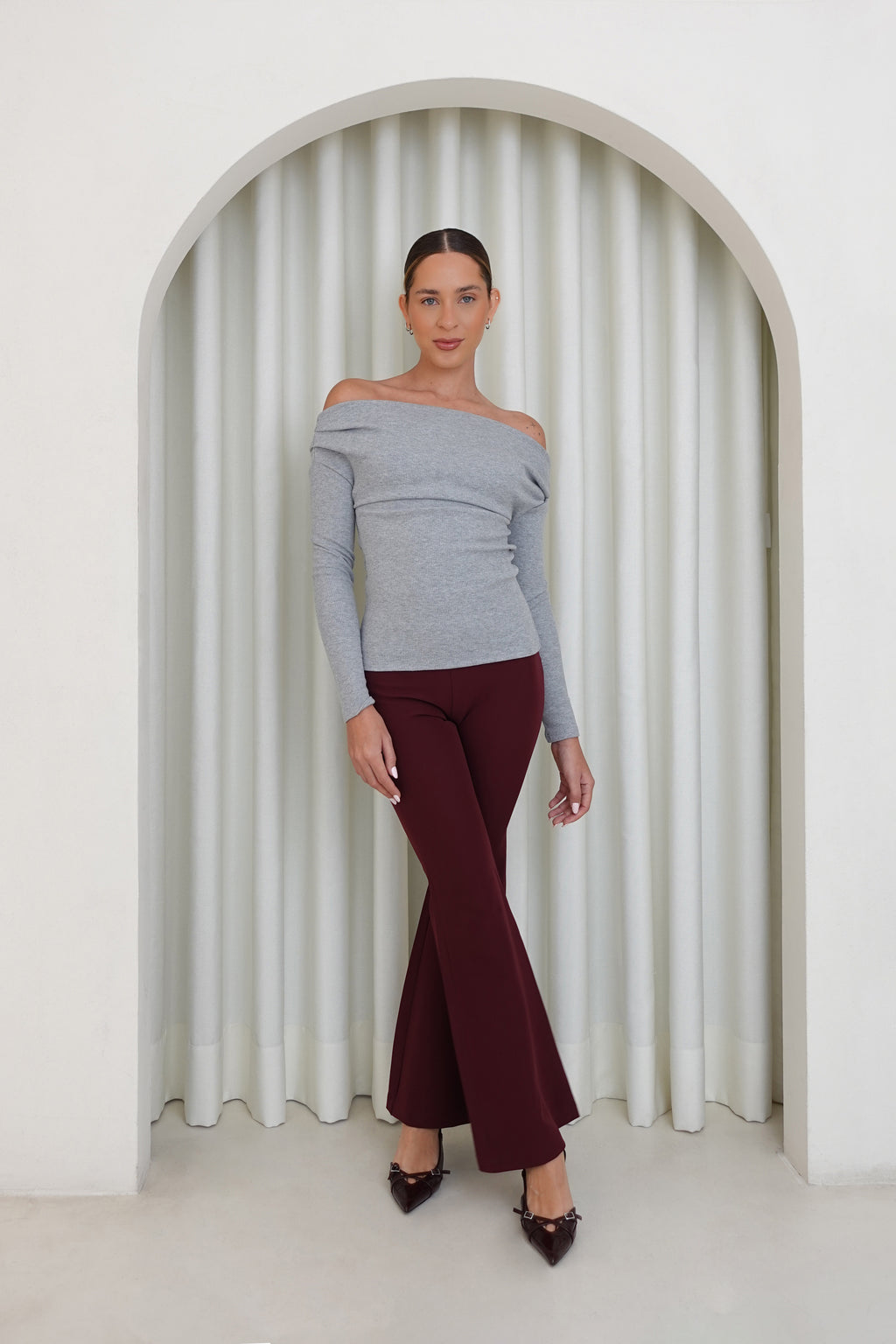 Top manga larga rib fruncidos - Gris