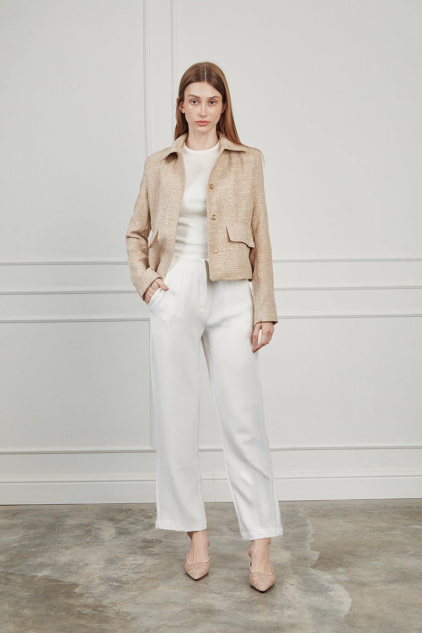 Pantalón slim pinzas - Perla