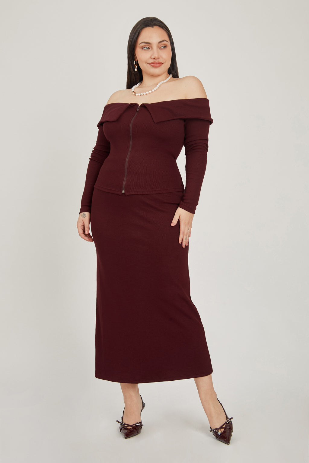 Falda midi rib sirena - Borgoña