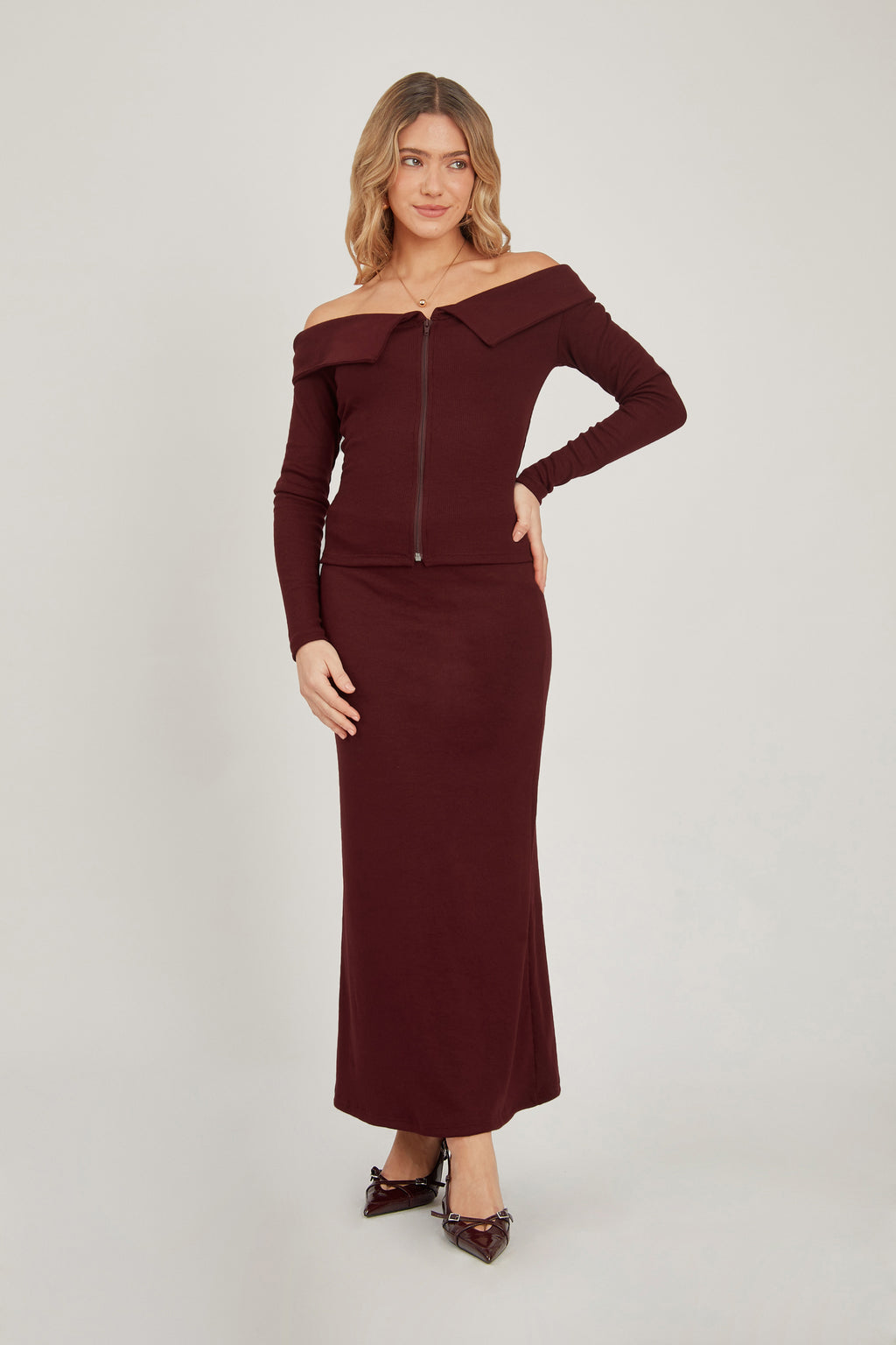 Falda midi rib sirena - Borgoña