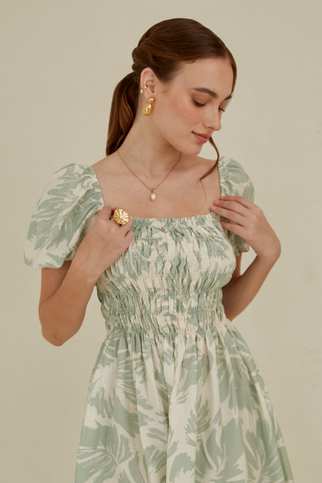 Vestido midi manga globo - Verde