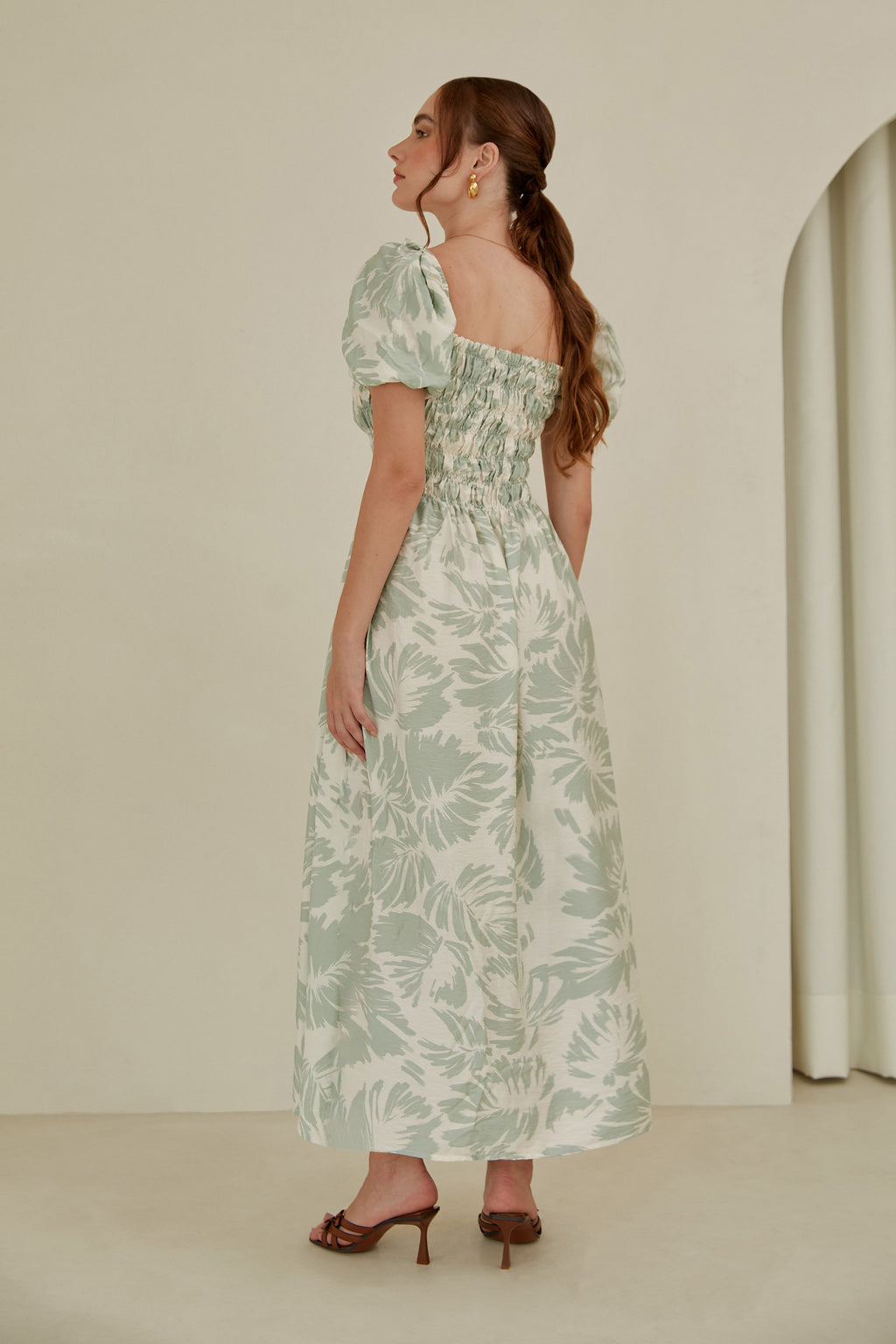 Vestido midi manga globo - Verde