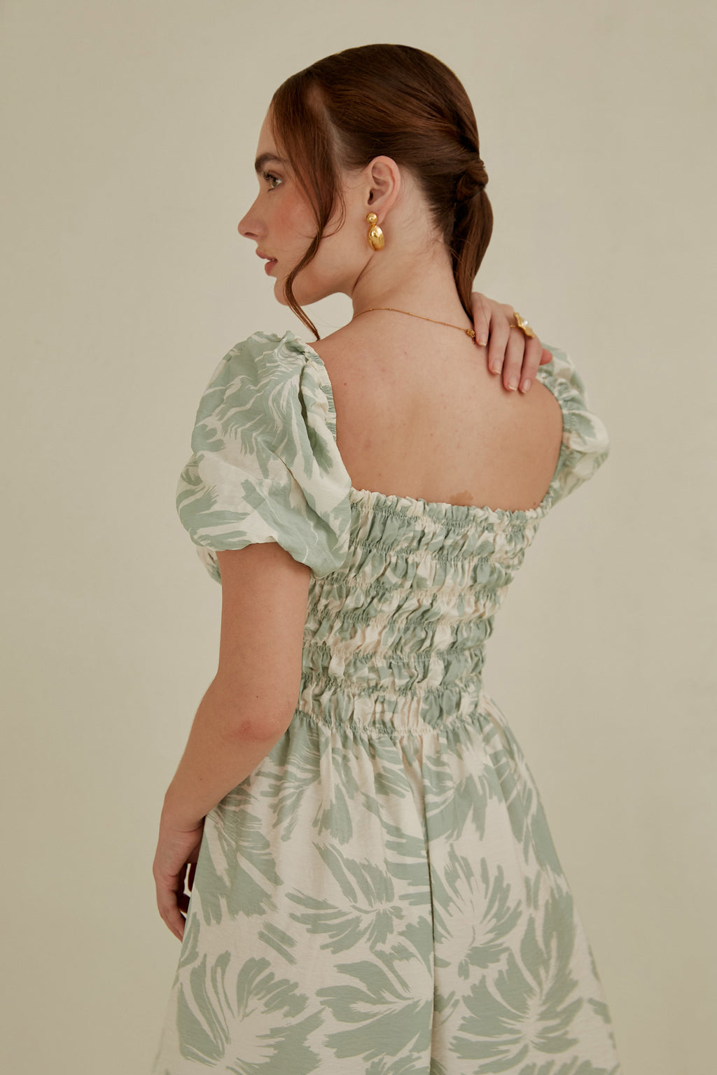 Vestido midi manga globo - Verde